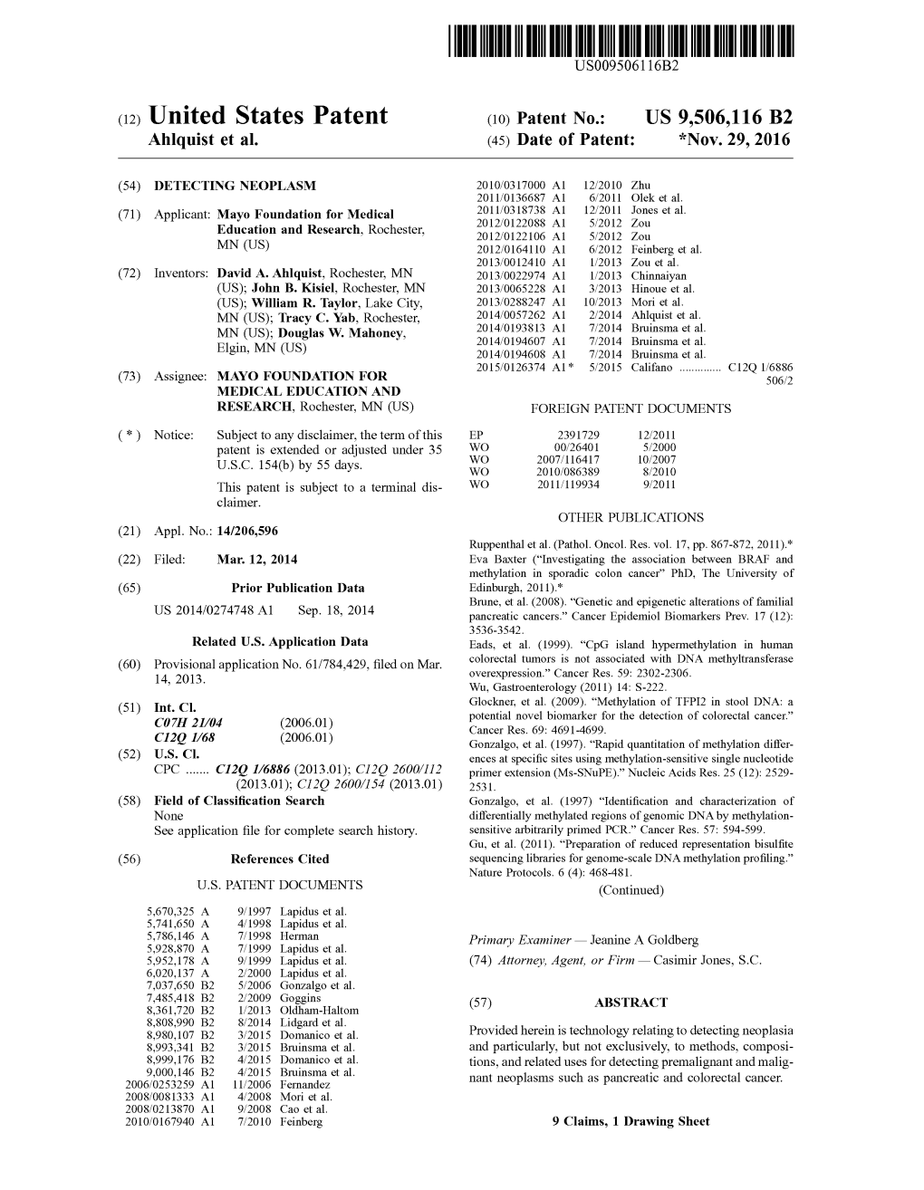 (12) United States Patent (10) Patent No.: US 9,506,116 B2 Ahlquist Et Al