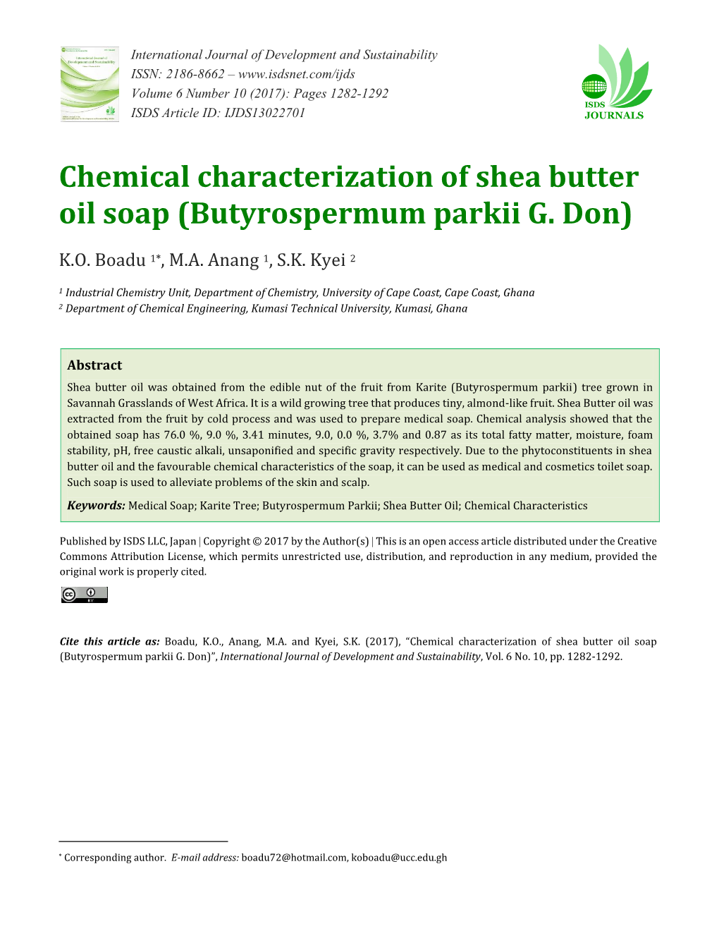 Chemical Characterization of Shea Butter Oil Soap (Butyrospermum Parkii G