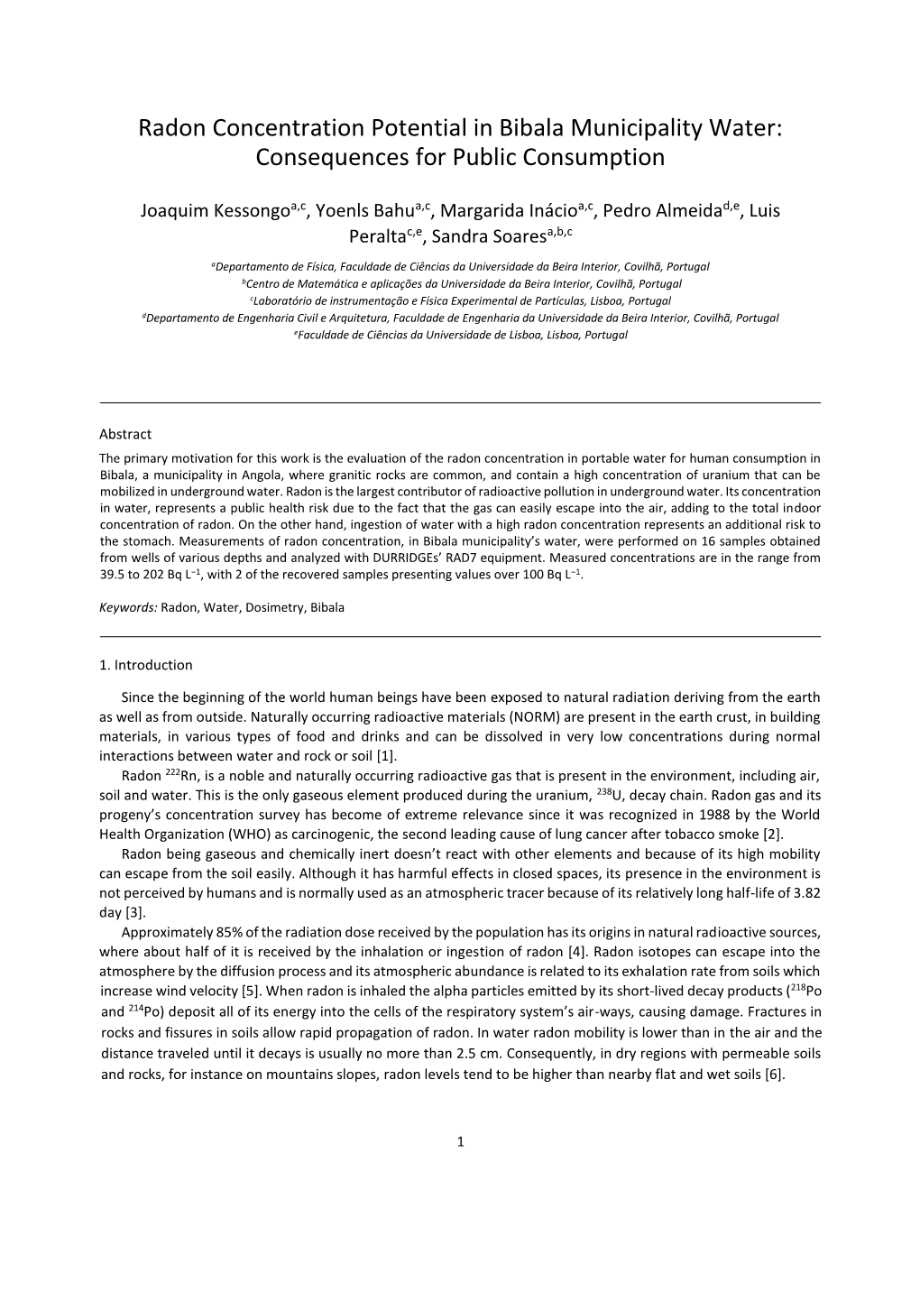 Radon Concentration Potential in Bibala Municipality Water: Consequences for Public Consumption