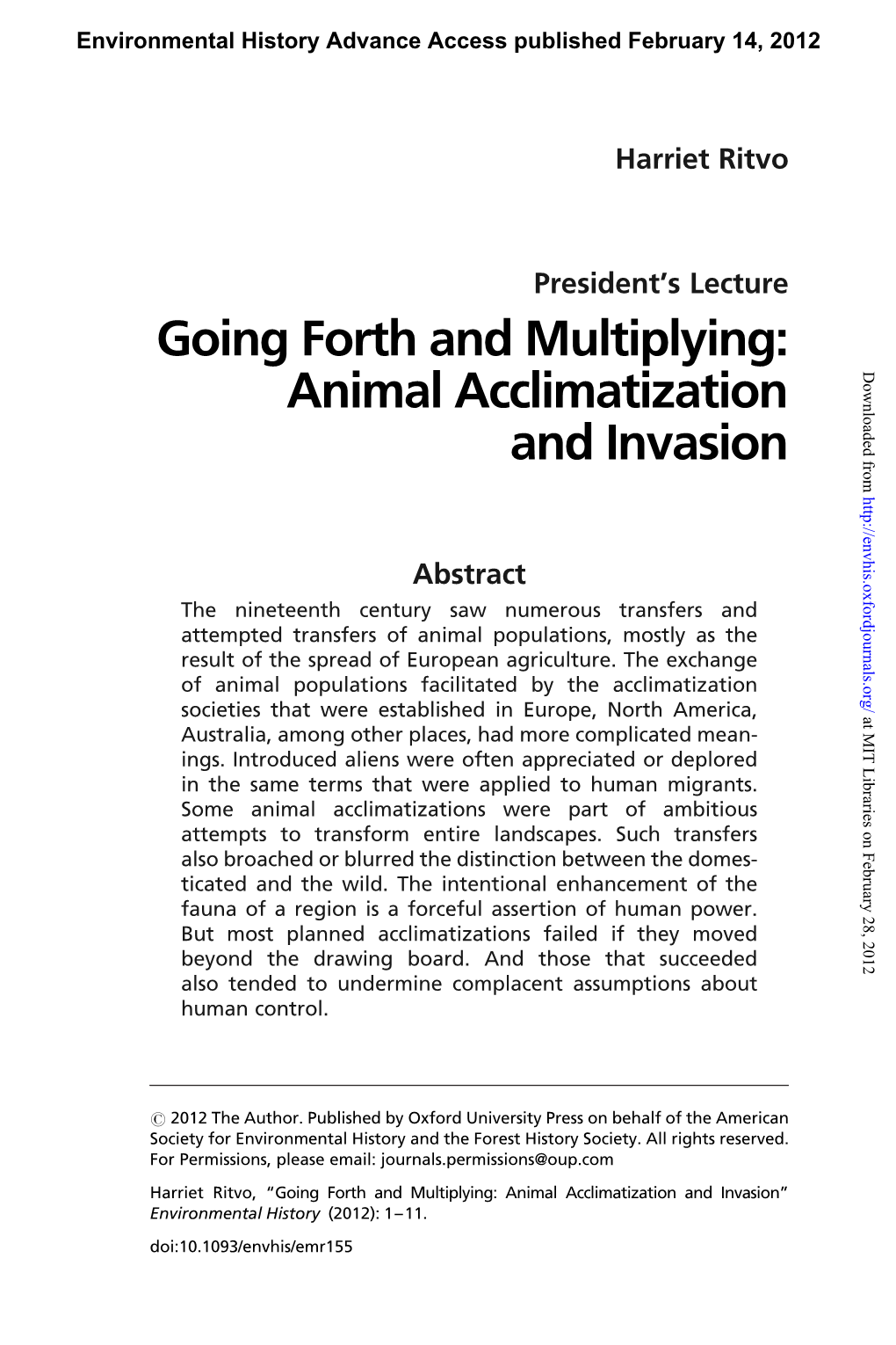 Going Forth and Multiplying: Animal Acclimatization and Invasion” Environmental History (2012): 1–11