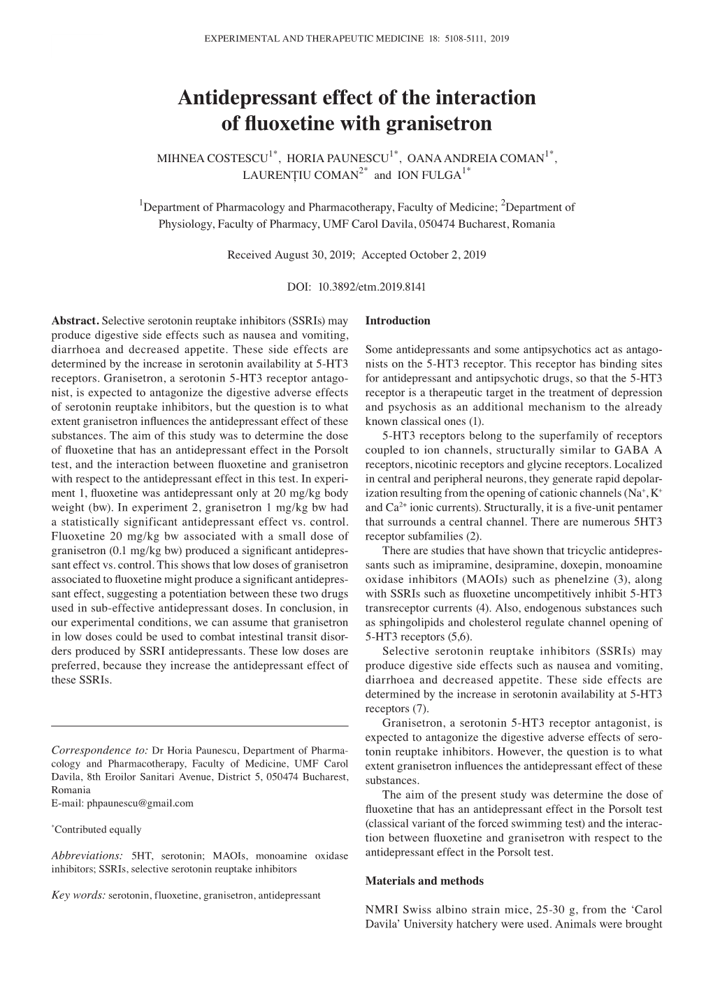 Antidepressant Effect of the Interaction of Fluoxetine with Granisetron