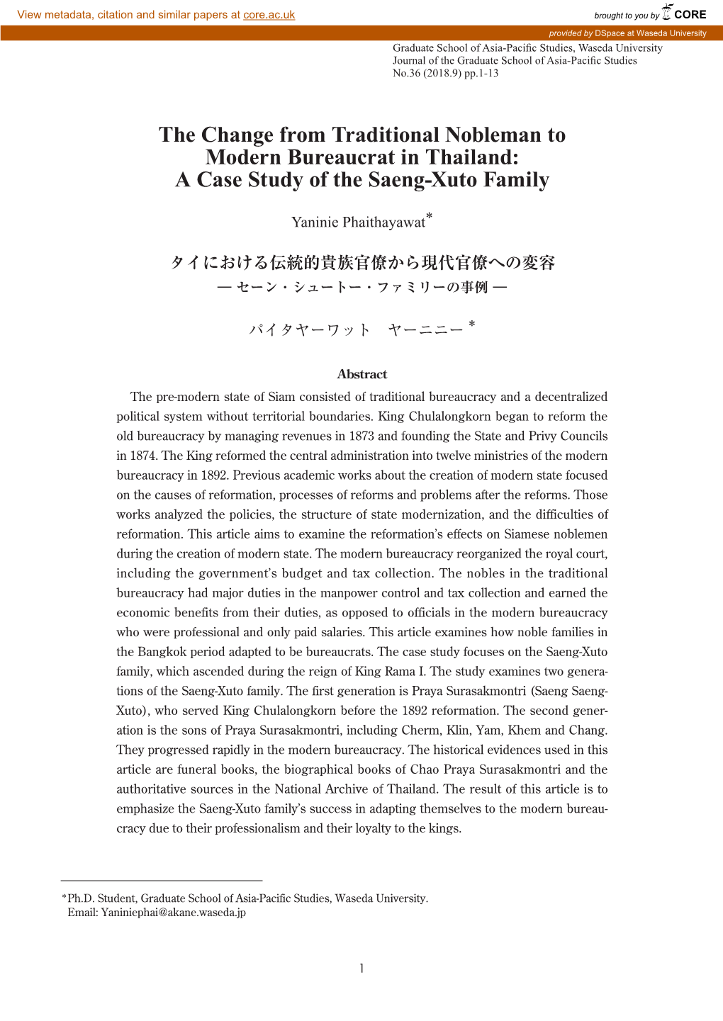 The Change from Traditional Nobleman to Modern Bureaucrat in Thailand: a Case Study of the Saeng-Xuto Family