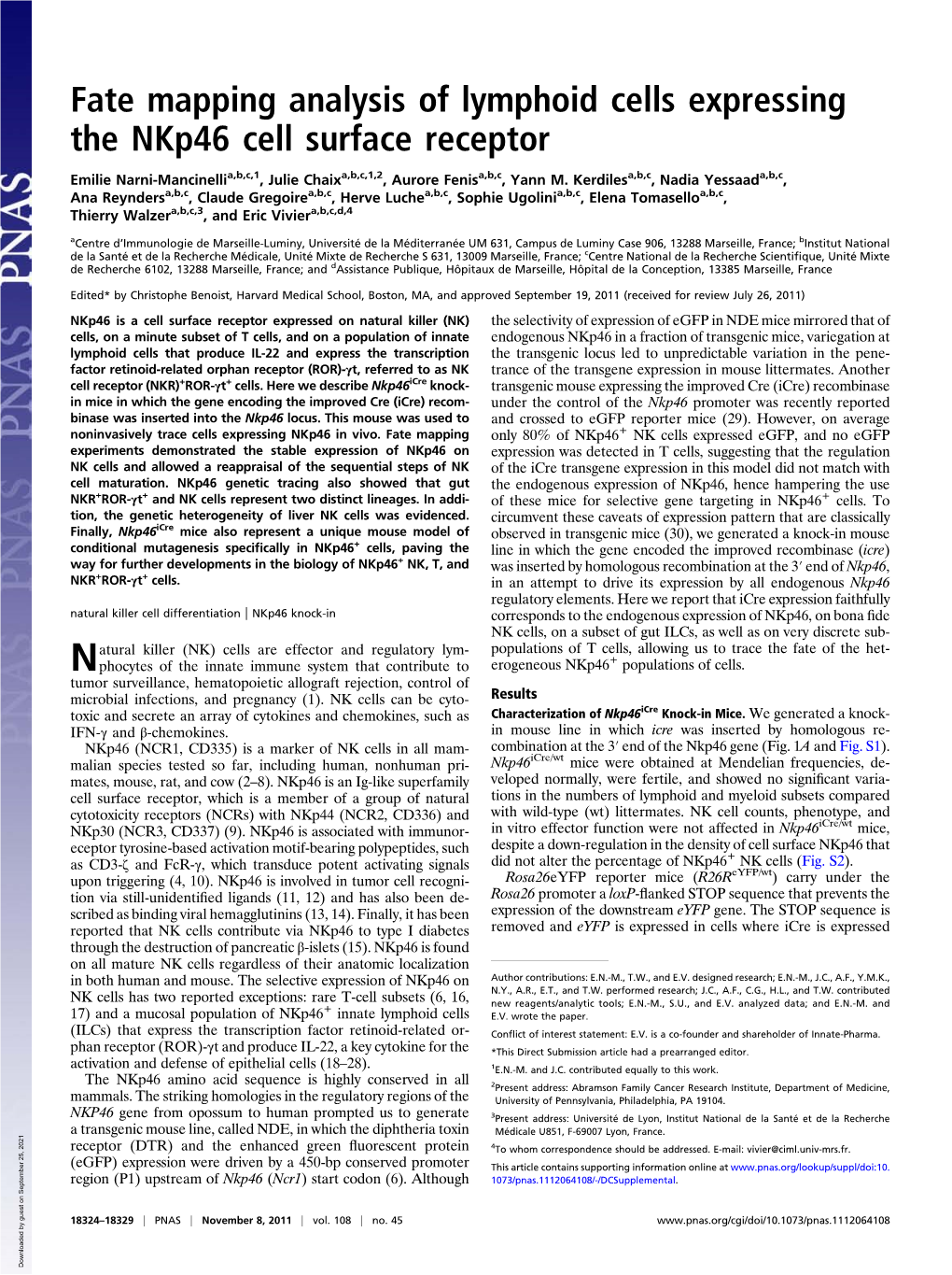 Fate Mapping Analysis of Lymphoid Cells Expressing the Nkp46 Cell Surface Receptor