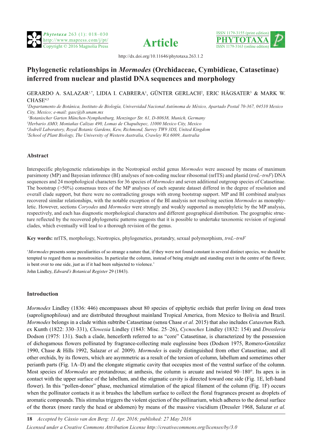 Phylogenetic Relationships in Mormodes (Orchidaceae, Cymbidieae, Catasetinae) Inferred from Nuclear and Plastid DNA Sequences and Morphology