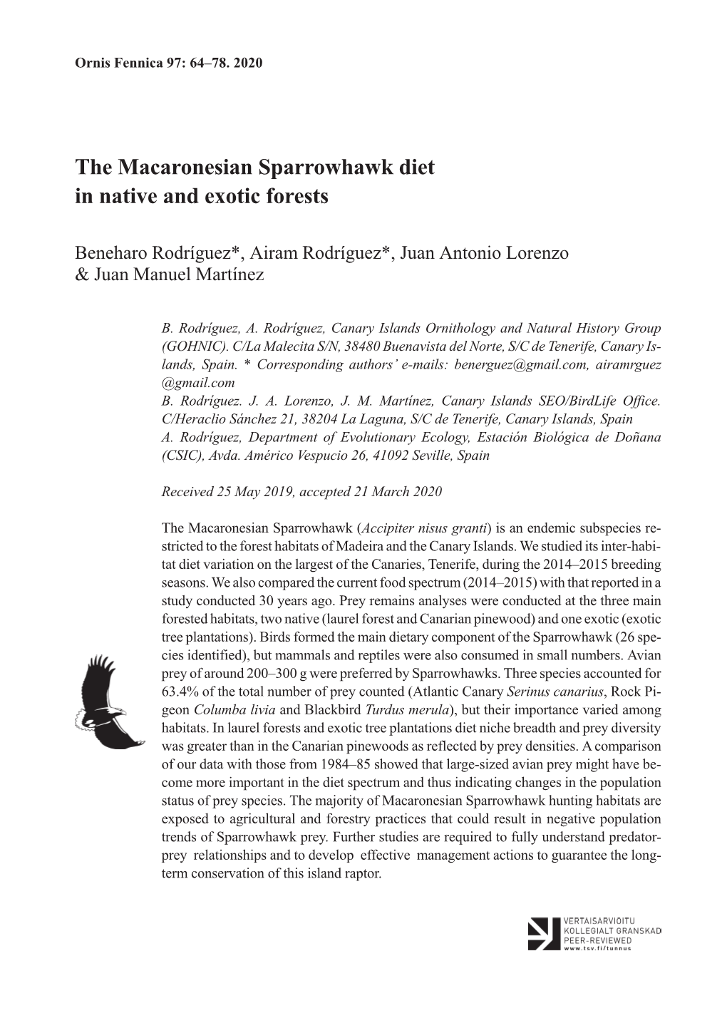 The Macaronesian Sparrowhawk Diet in Native and Exotic Forests