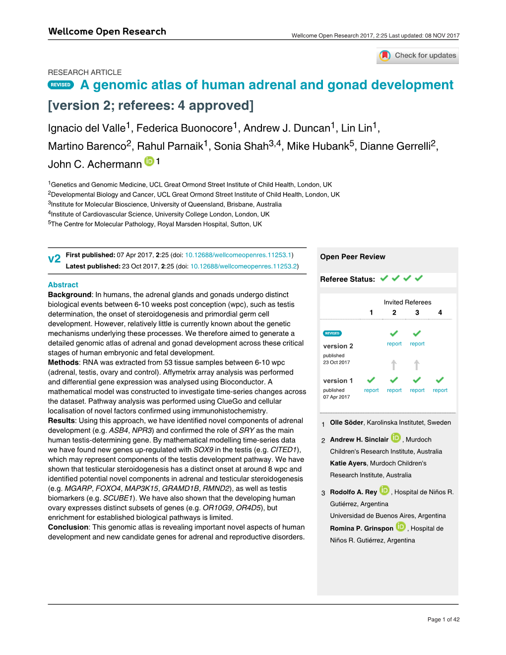 A Genomic Atlas of Human Adrenal and Gonad Development [Version 2; Referees: 4 Approved] Ignacio Del Valle1, Federica Buonocore1, Andrew J