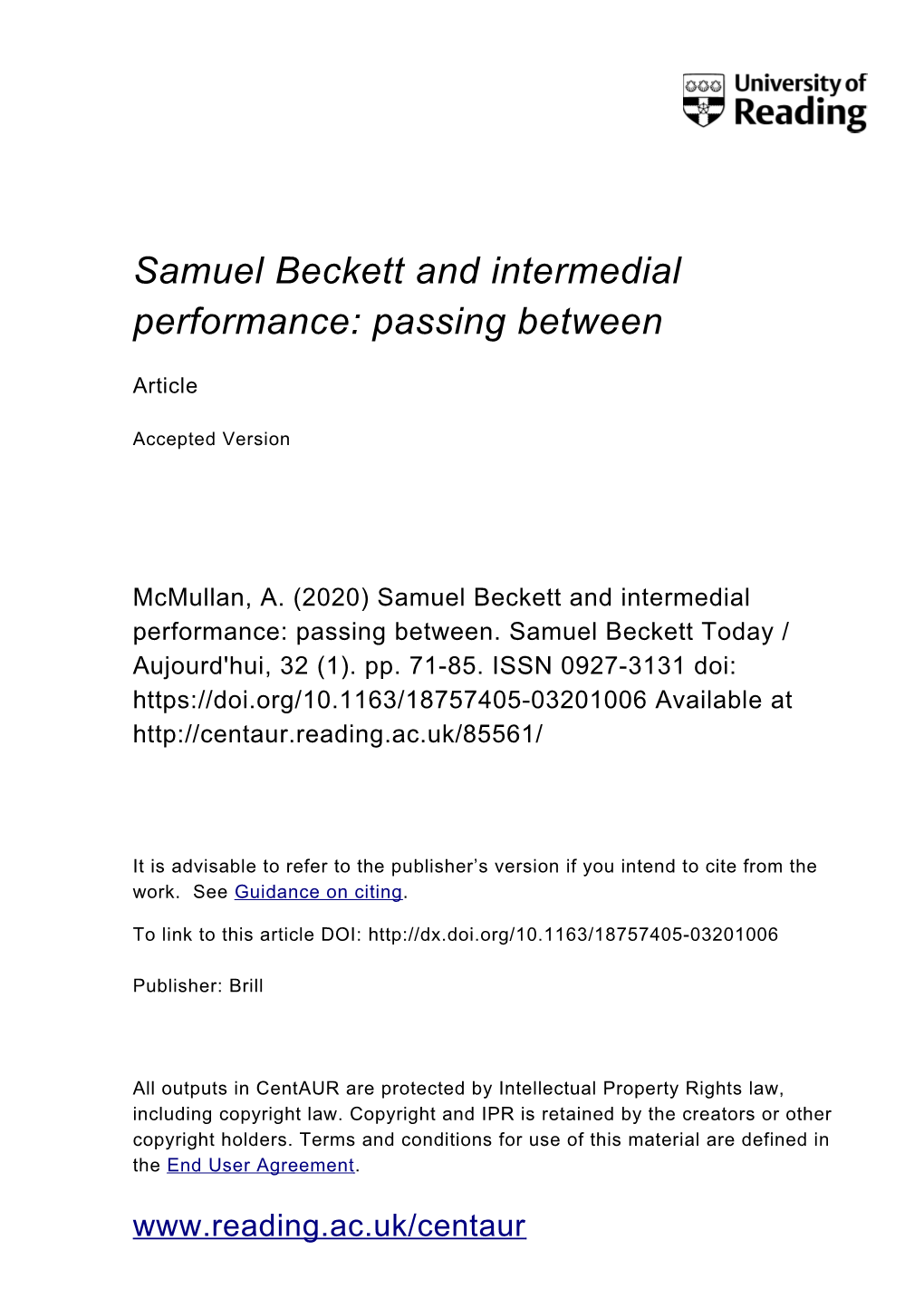 Samuel Beckett and Intermedial Performance: Passing Between