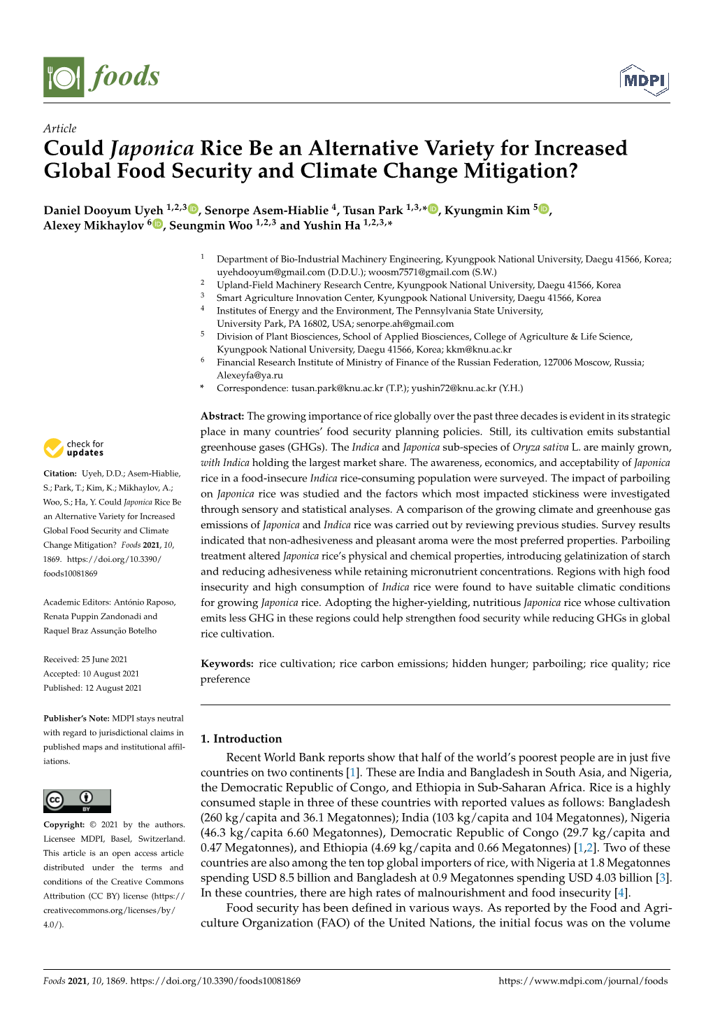 Could Japonica Rice Be an Alternative Variety for Increased Global Food Security and Climate Change Mitigation?