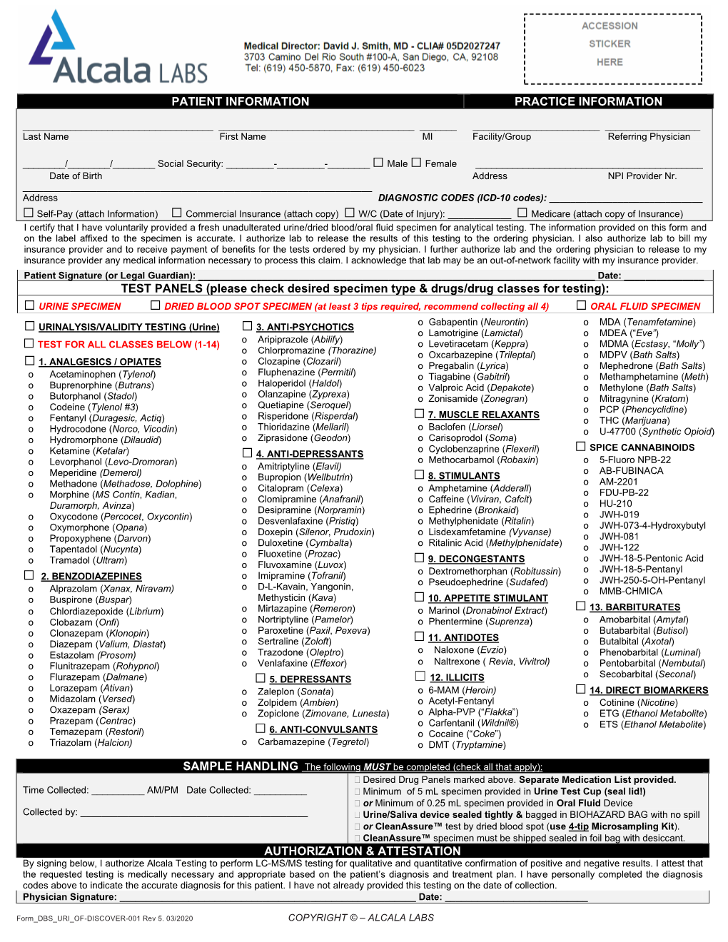 Please Check Desired Specimen Type & Drugs/Drug Classes for Testing