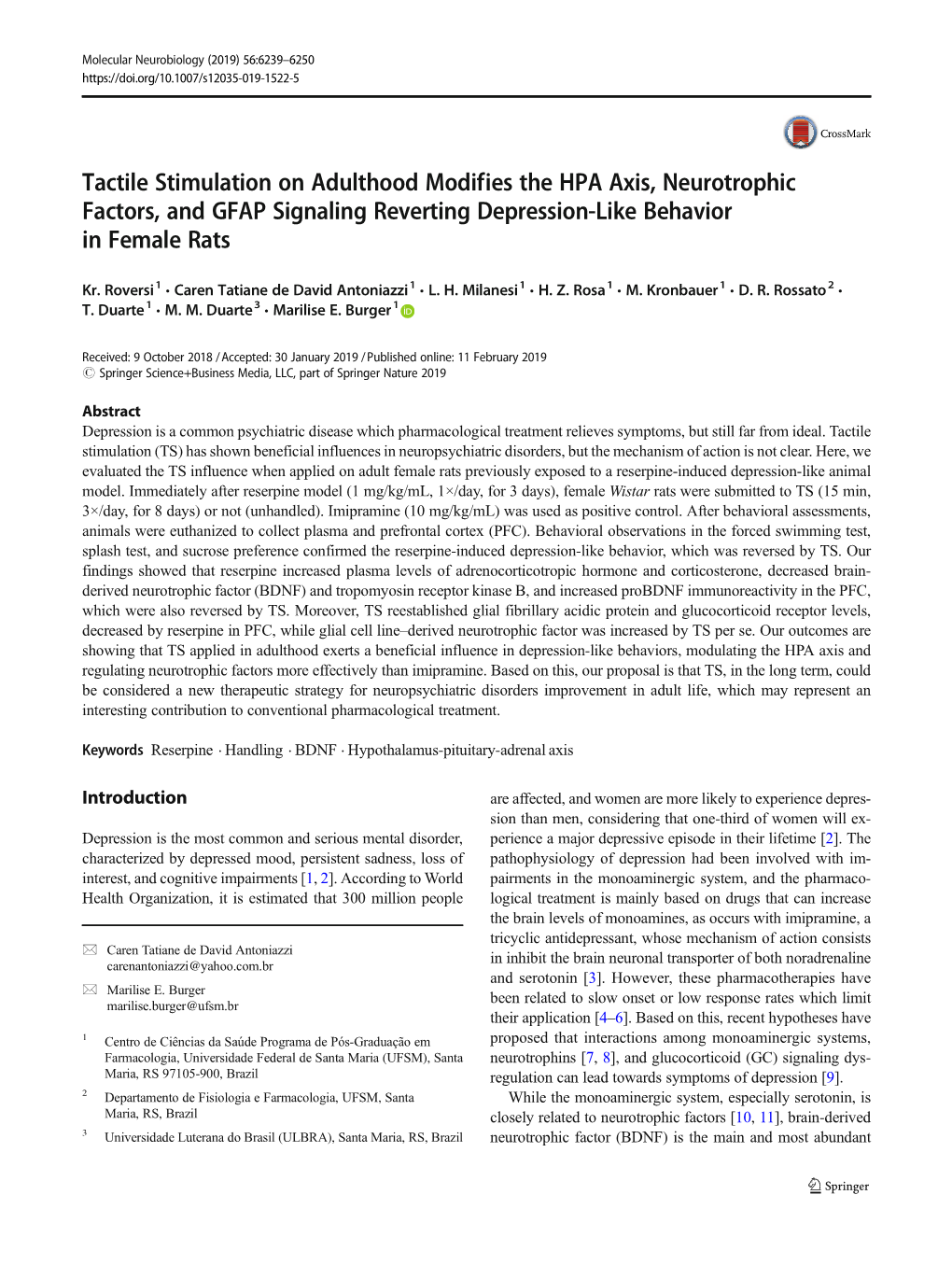 Tactile Stimulation on Adulthood Modifies the HPA Axis, Neurotrophic Factors, and GFAP Signaling Reverting Depression-Like Behavior in Female Rats