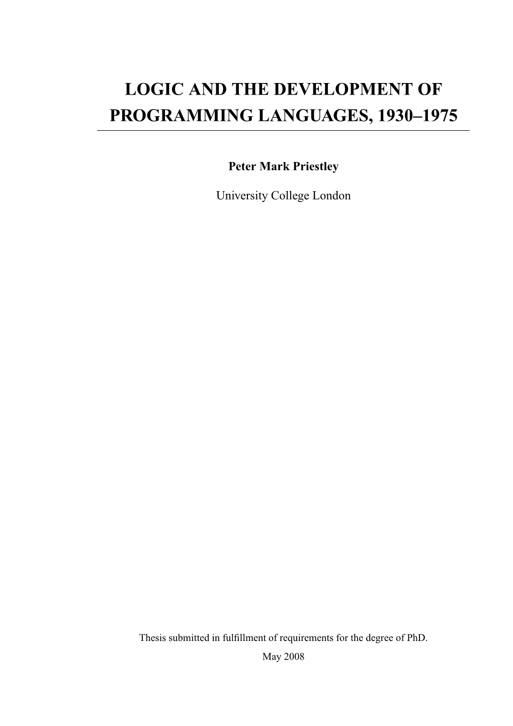 Logic and the Development of Programming Languages, 1930–1975