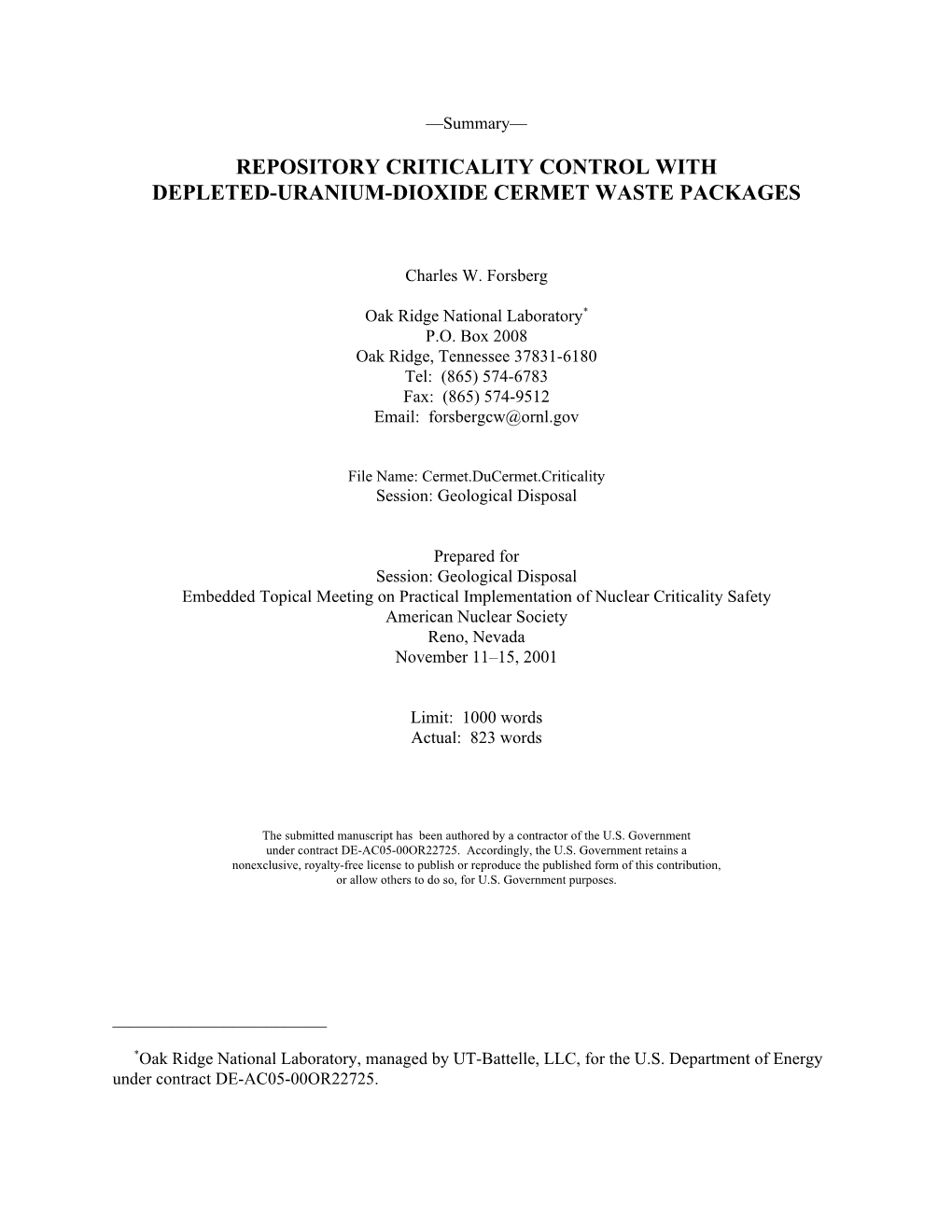 Repository Criticality Control with Depleted-Uranium-Dioxide Cermet Waste Packages