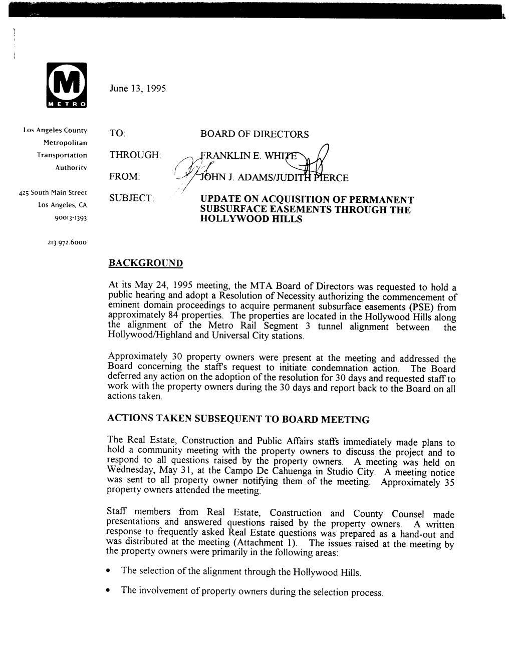 Update on Acquisition of Permanent Subsurface Easements Through The