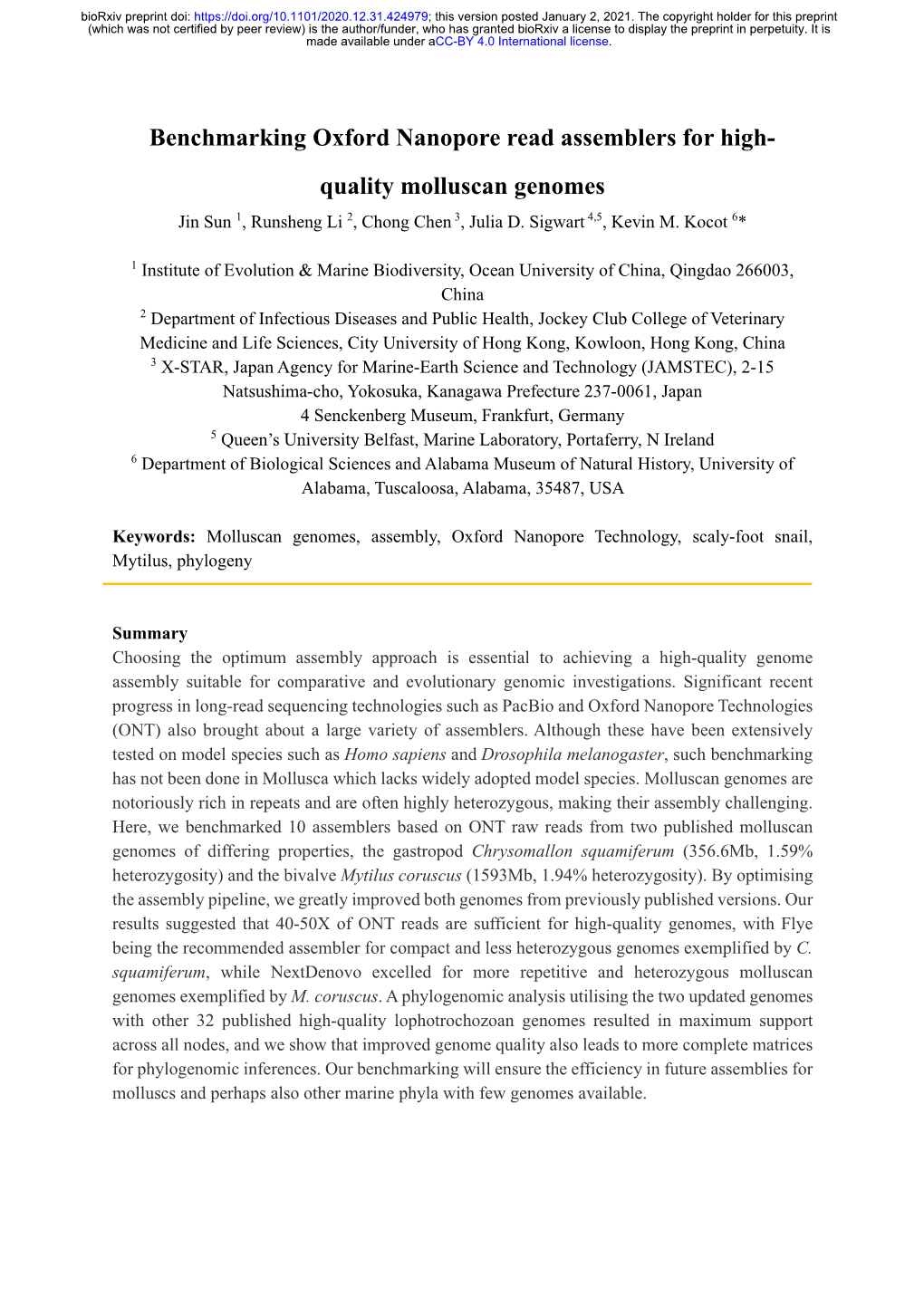 Quality Molluscan Genomes Jin Sun 1, Runsheng Li 2, Chong Chen 3, Julia D