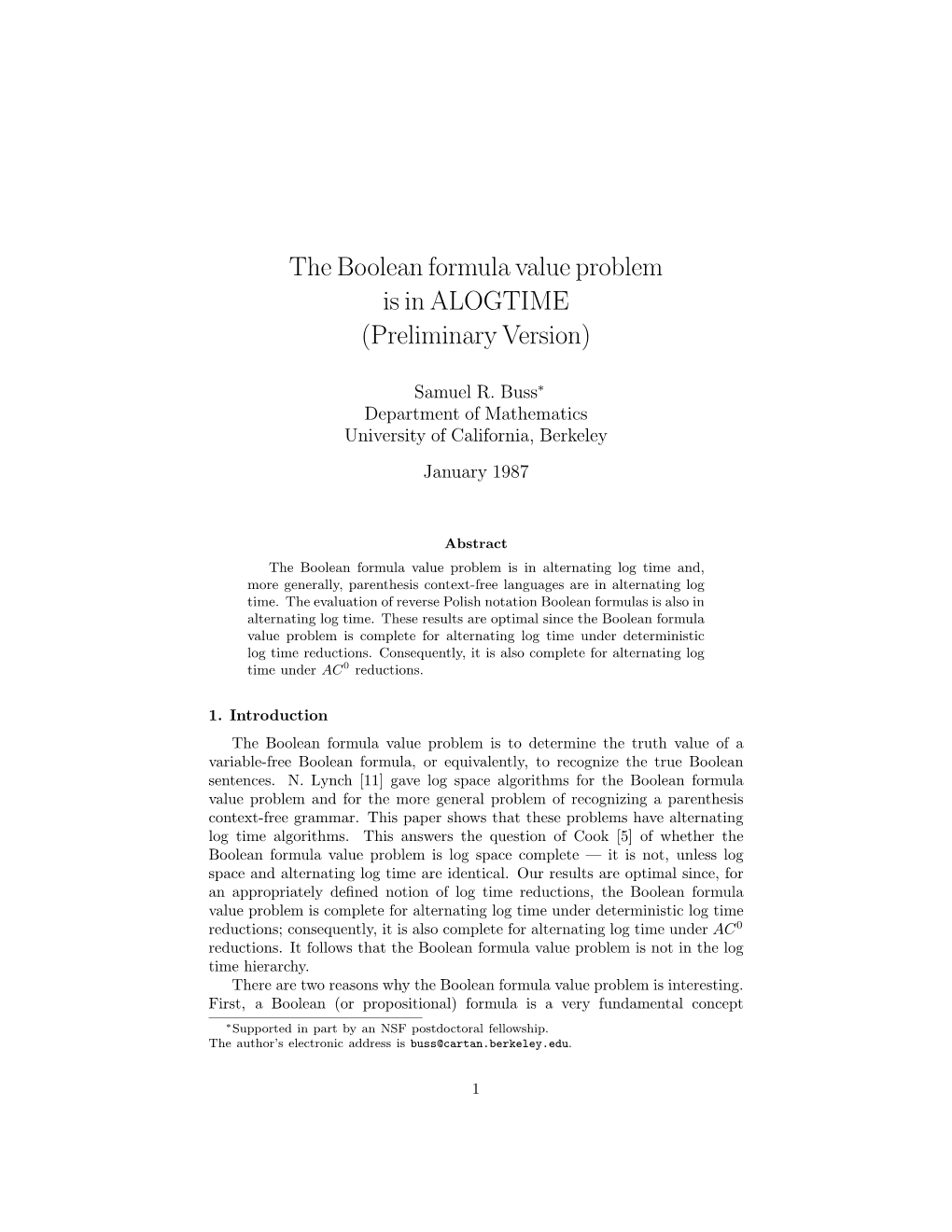 The Boolean Formula Value Problem Is in ALOGTIME (Preliminary Version)