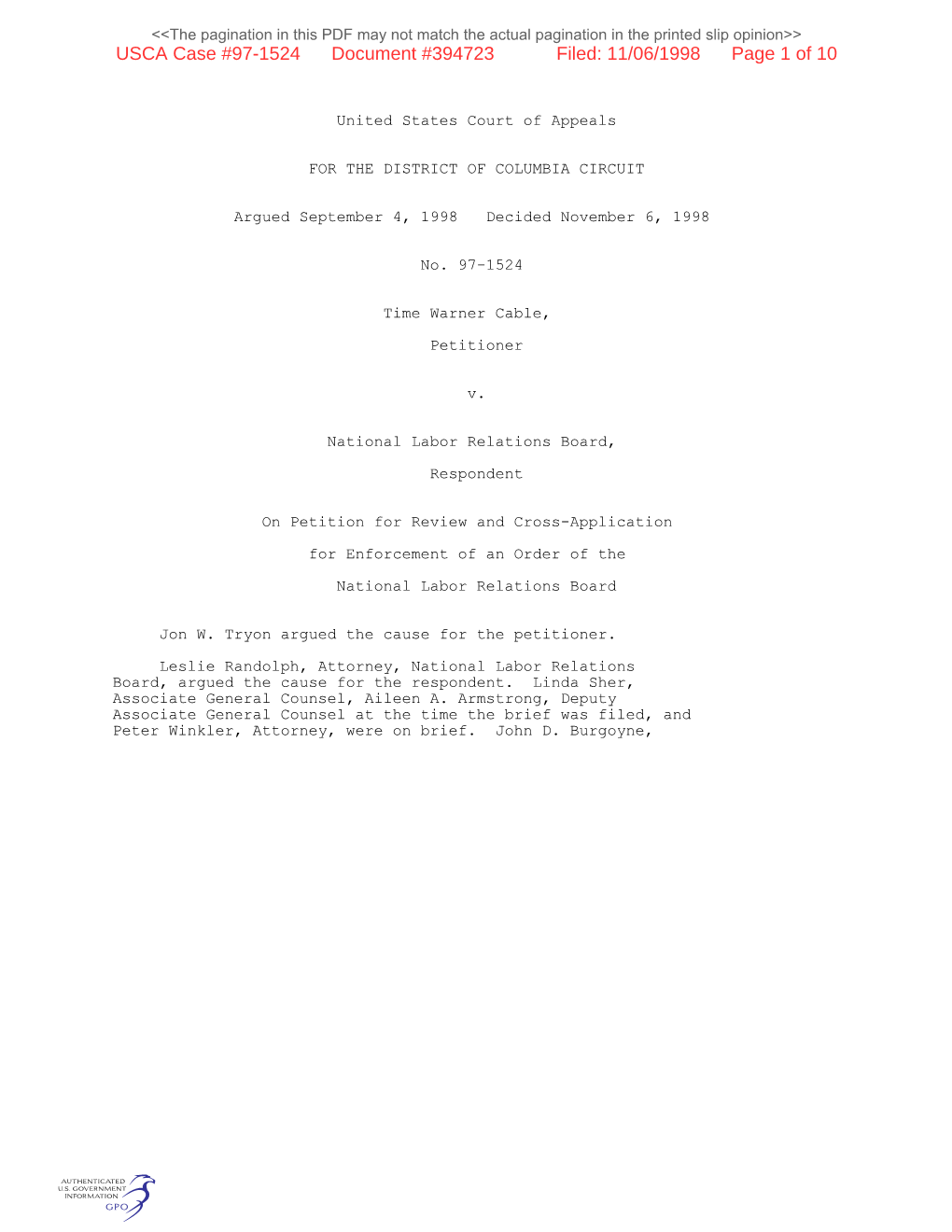 USCA Case #97-1524 Document #394723 Filed: 11/06/1998 Page 1 of 10