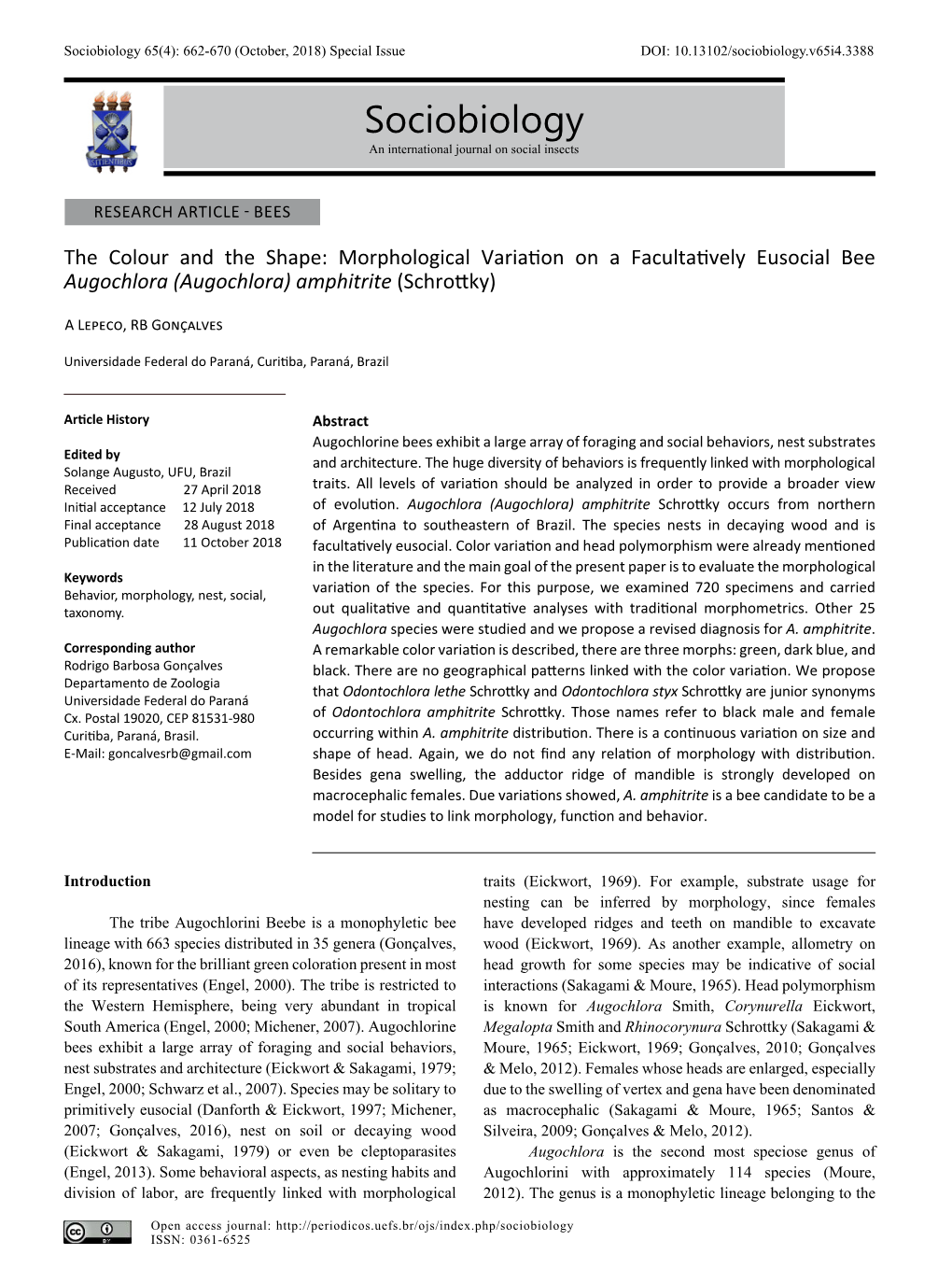 Sociobiology 65(4): 662-670 (October, 2018) Special Issue DOI: 10.13102/Sociobiology.V65i4.3388