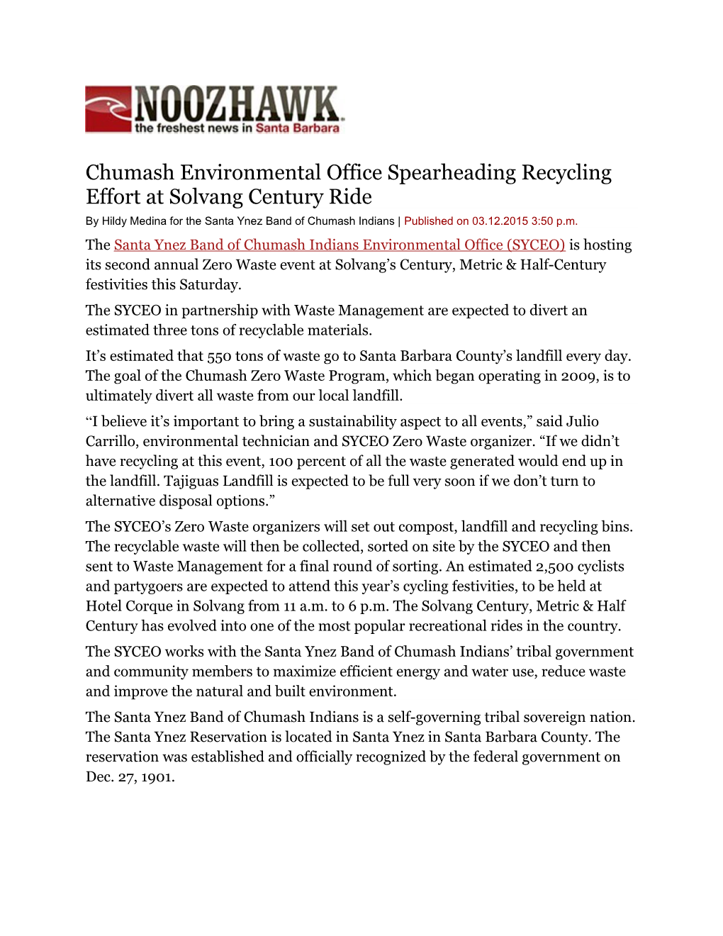 Chumash Environmental Office Spearheading Recycling Effort at Solvang Century Ride