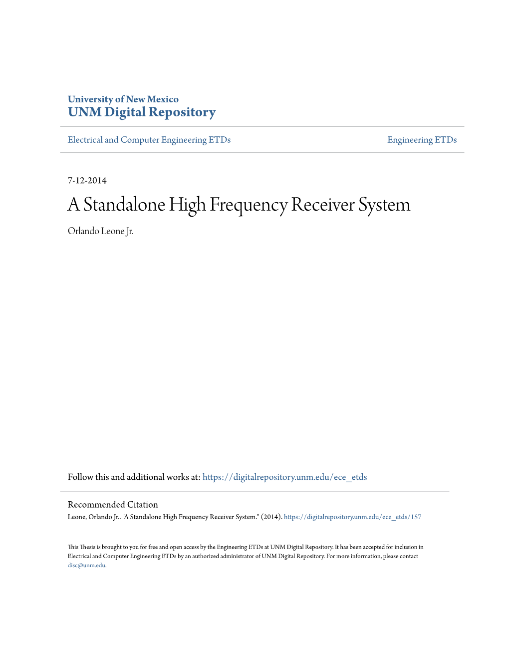 A Standalone High Frequency Receiver System Orlando Leone Jr