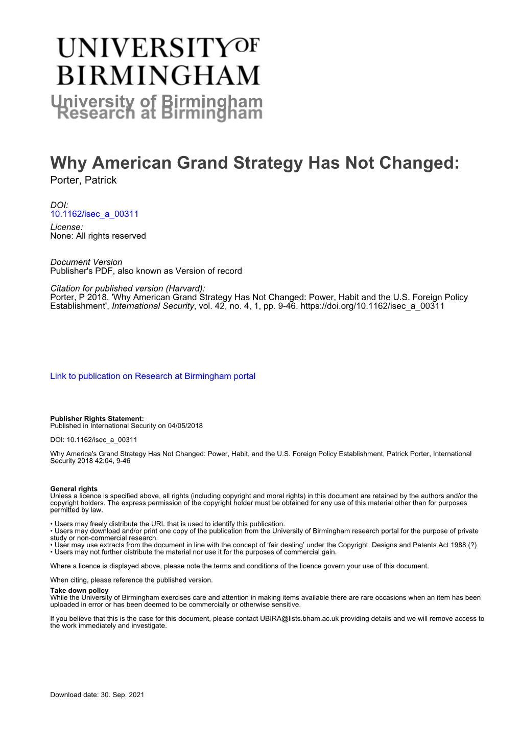 Why American Grand Strategy Has Not Changed: Porter, Patrick