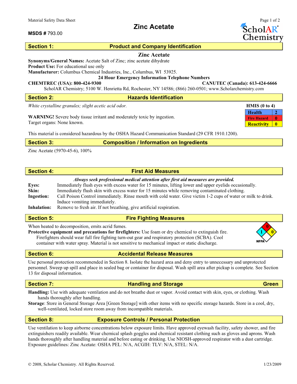 Zinc Acetate MSDS # 793.00