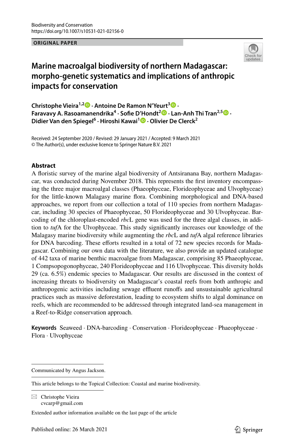 Marine Macroalgal Biodiversity of Northern Madagascar: Morpho‑Genetic Systematics and Implications of Anthropic Impacts for Conservation