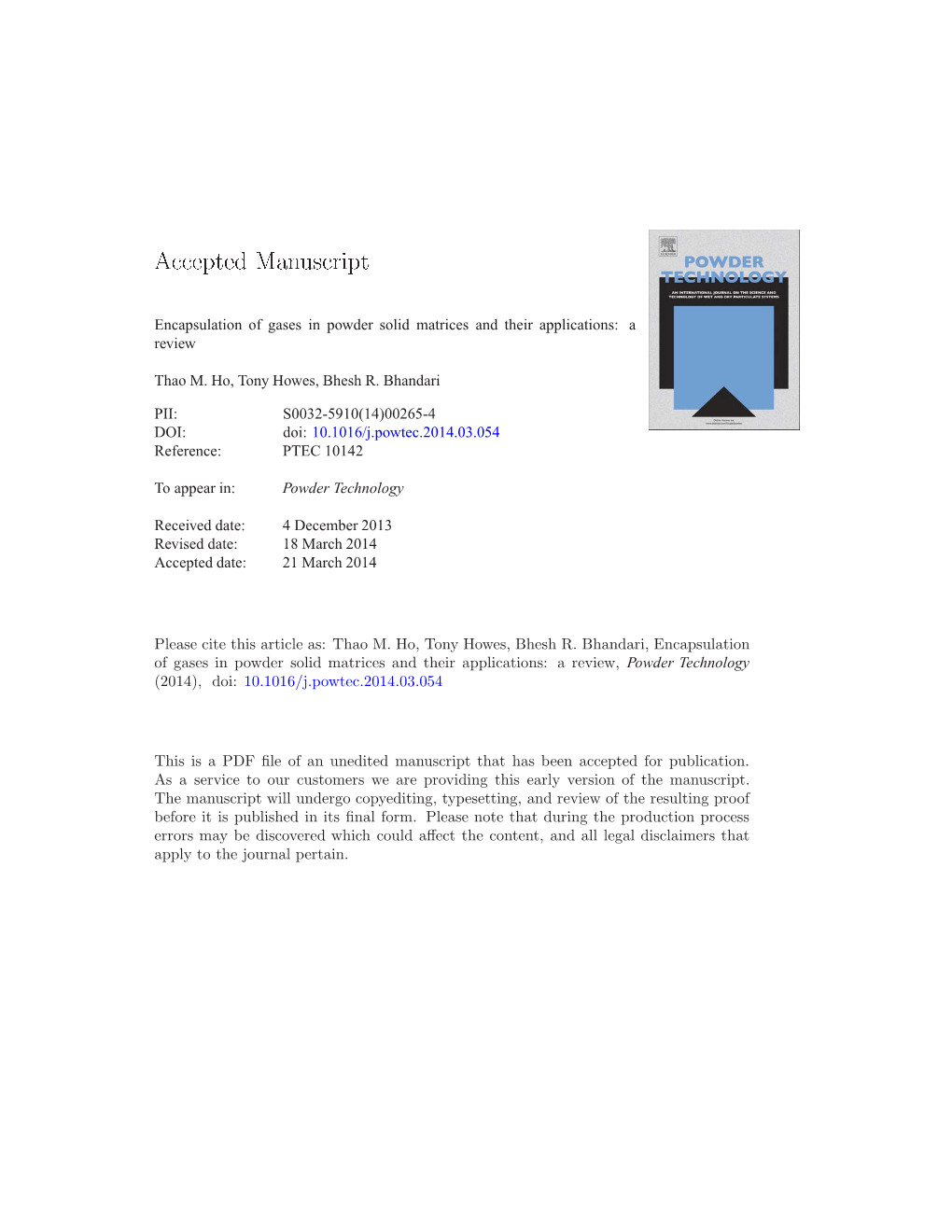 Encapsulation of Gases in Powder Solid Matrices and Their Applications: a Review