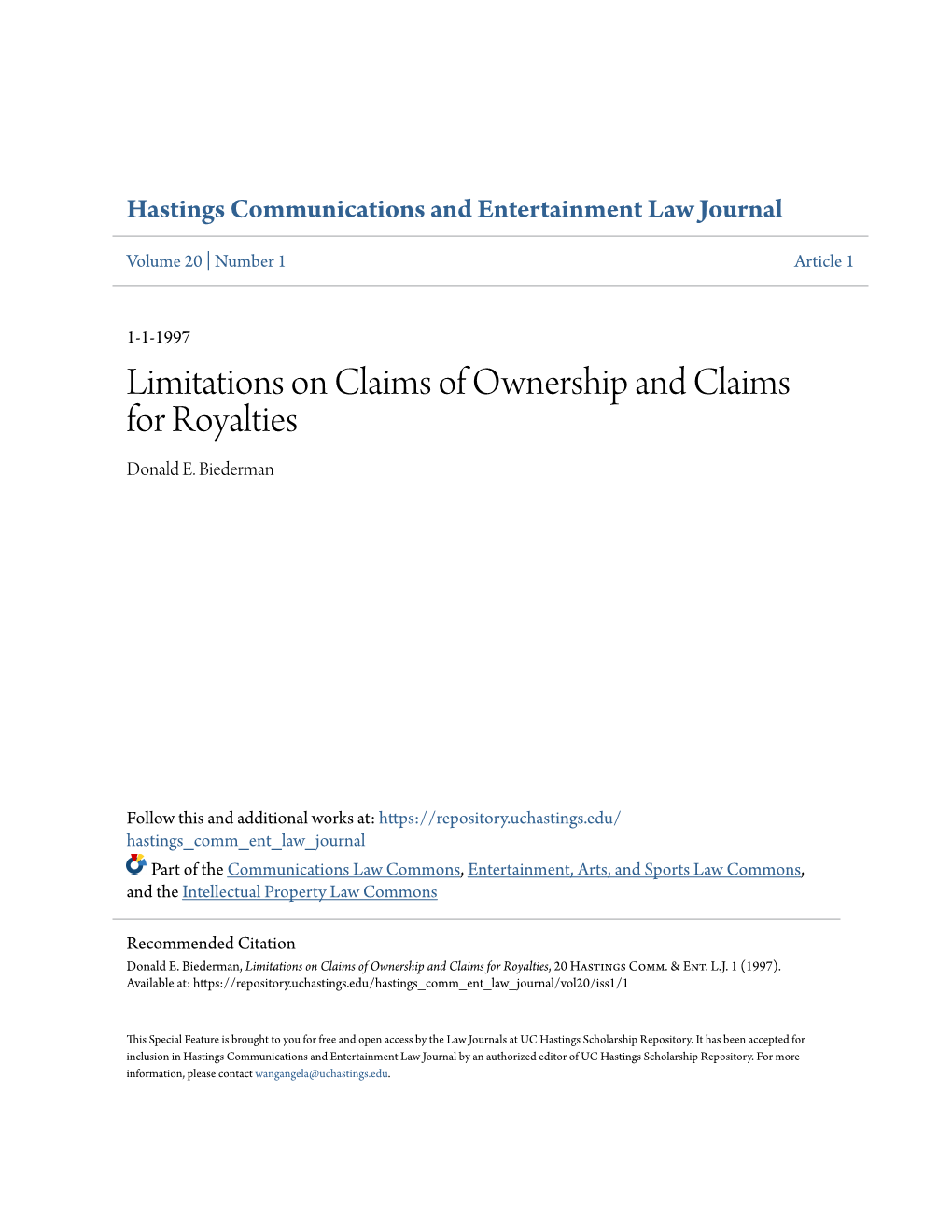 Limitations on Claims of Ownership and Claims for Royalties Donald E