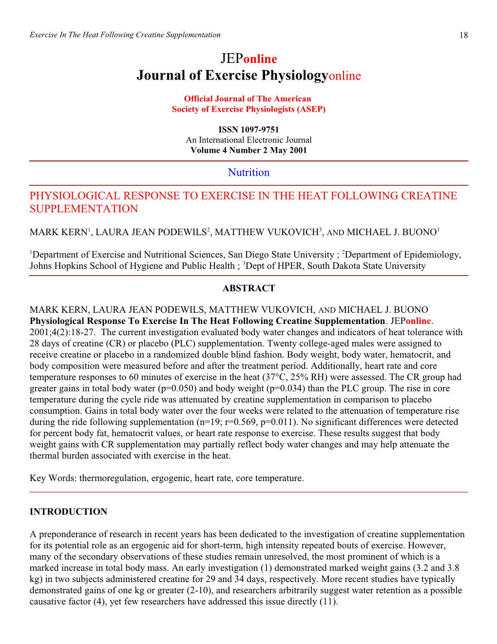 Physiological Response To Exercise In The Heat Following