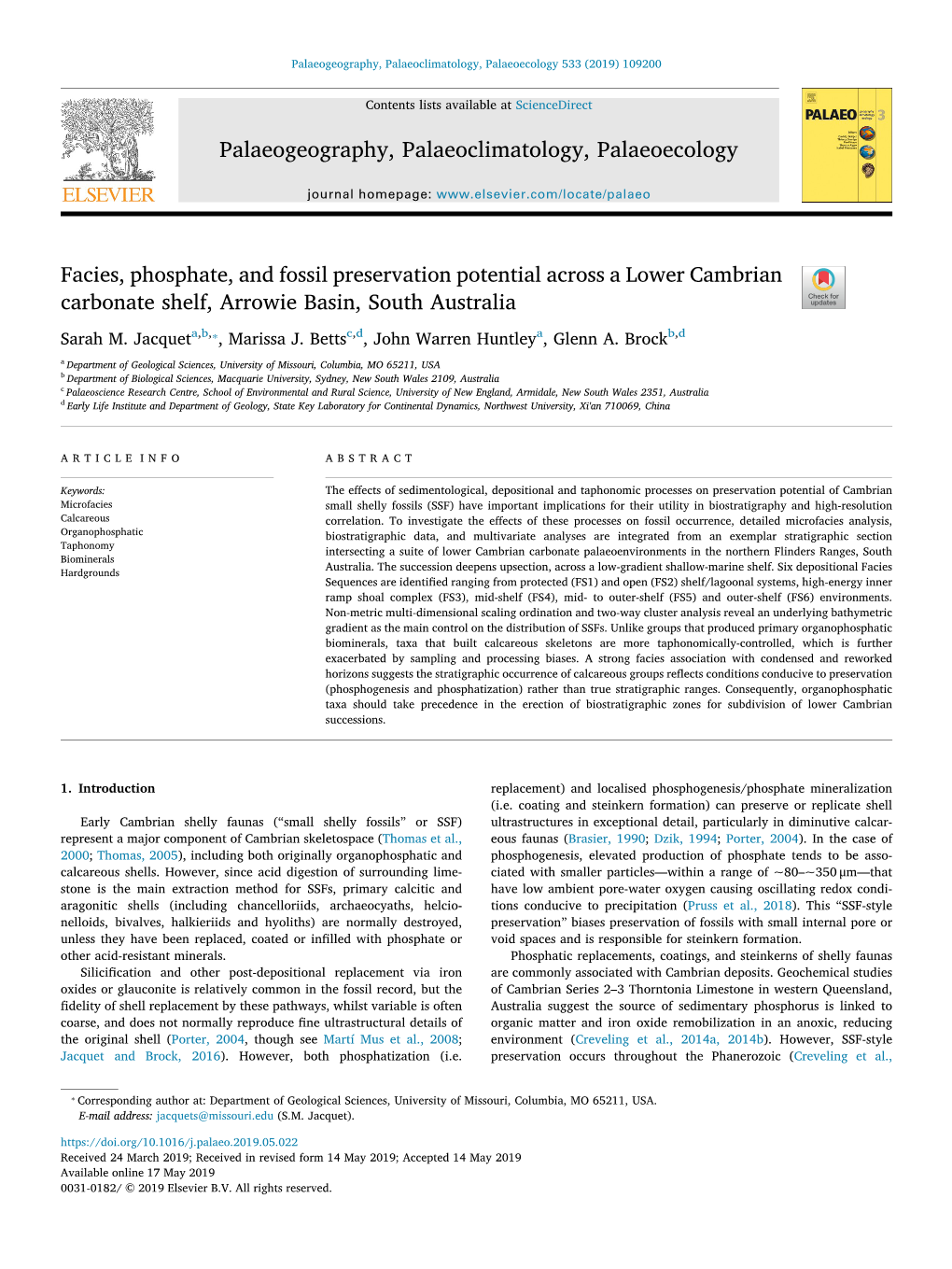 Facies, Phosphate, and Fossil Preservation Potential Across a Lower Cambrian Carbonate Shelf, Arrowie Basin, South Australia