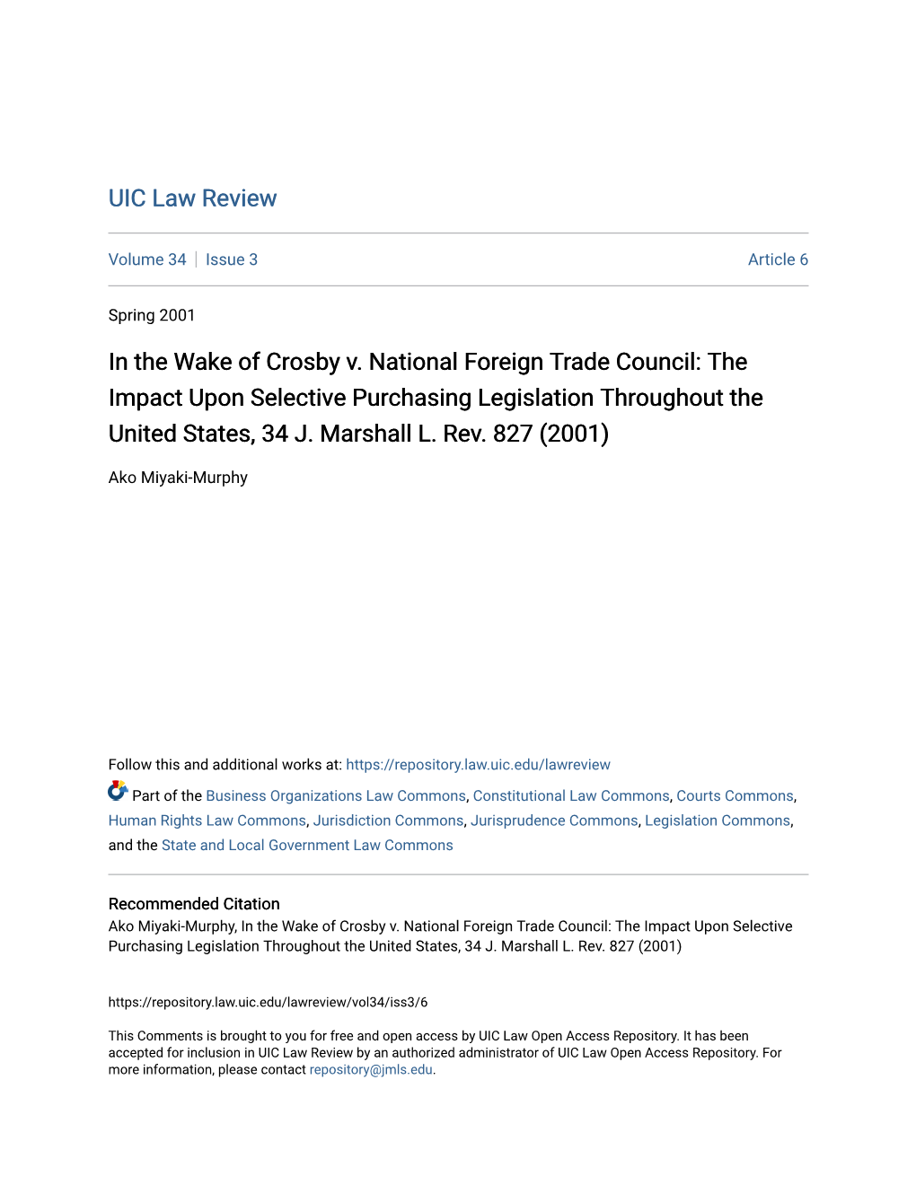 In the Wake of Crosby V. National Foreign Trade Council: the Impact Upon Selective Purchasing Legislation Throughout the United States, 34 J