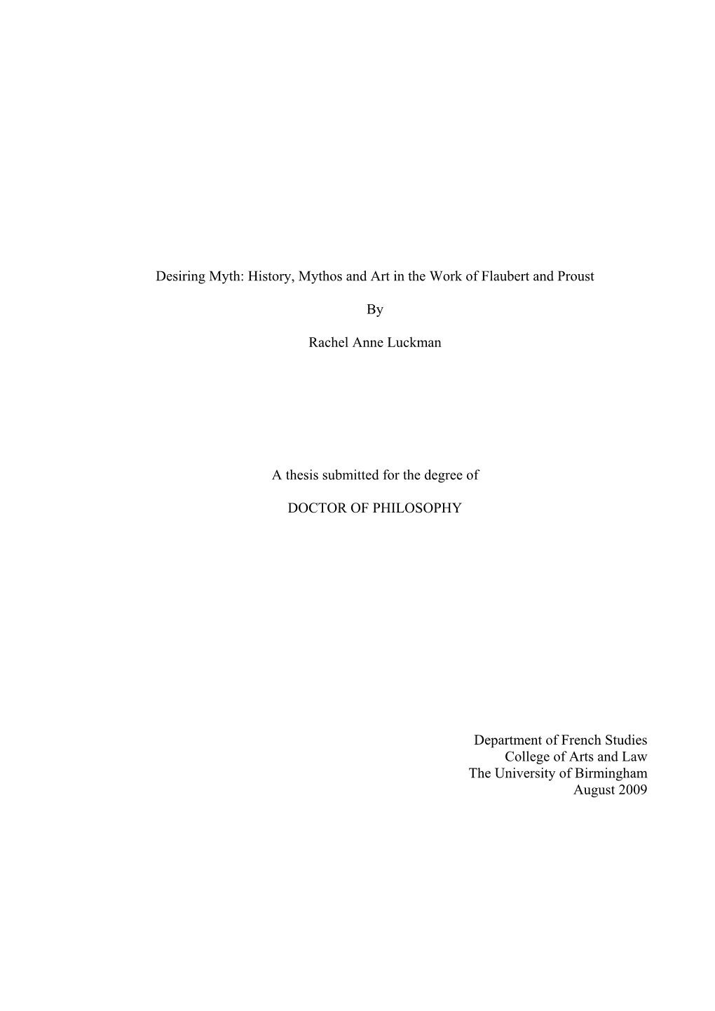 Desiring Myth: History, Mythos and Art in the Work of Flaubert and Proust