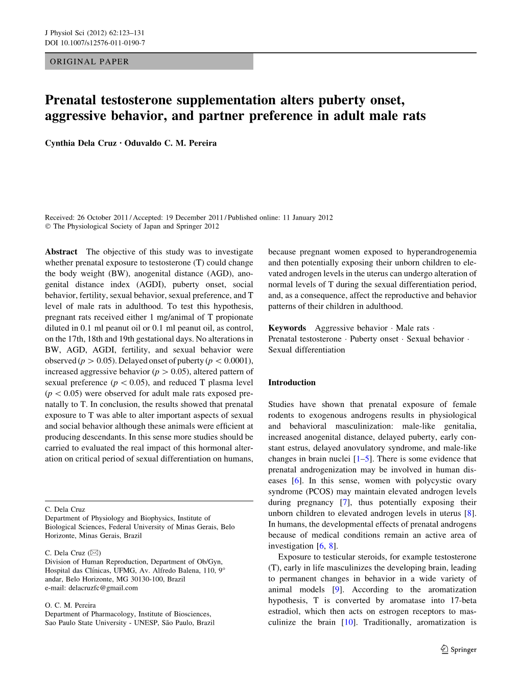 Prenatal Testosterone Supplementation Alters Puberty Onset, Aggressive Behavior, and Partner Preference in Adult Male Rats