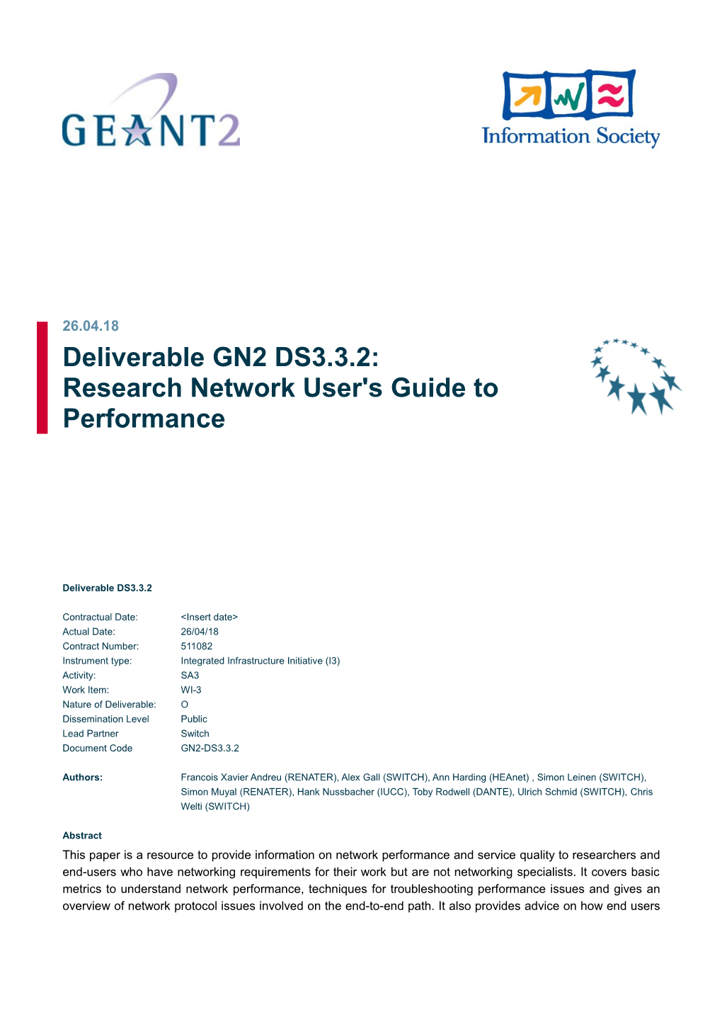 Deliverable GN2 DS3.3.2: Research Network User's Guide to Performance