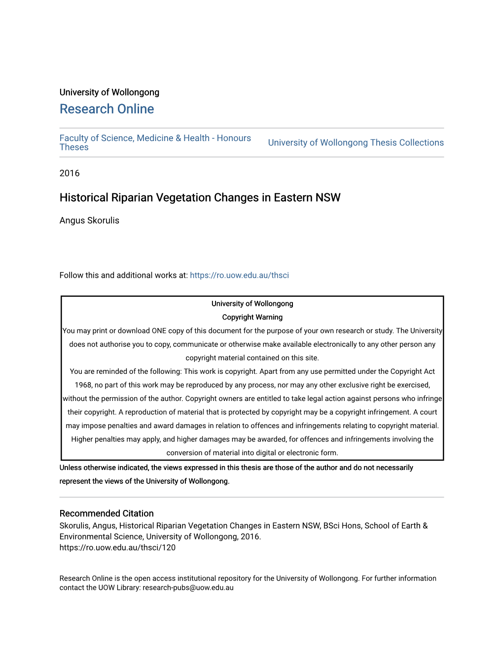 Historical Riparian Vegetation Changes in Eastern NSW