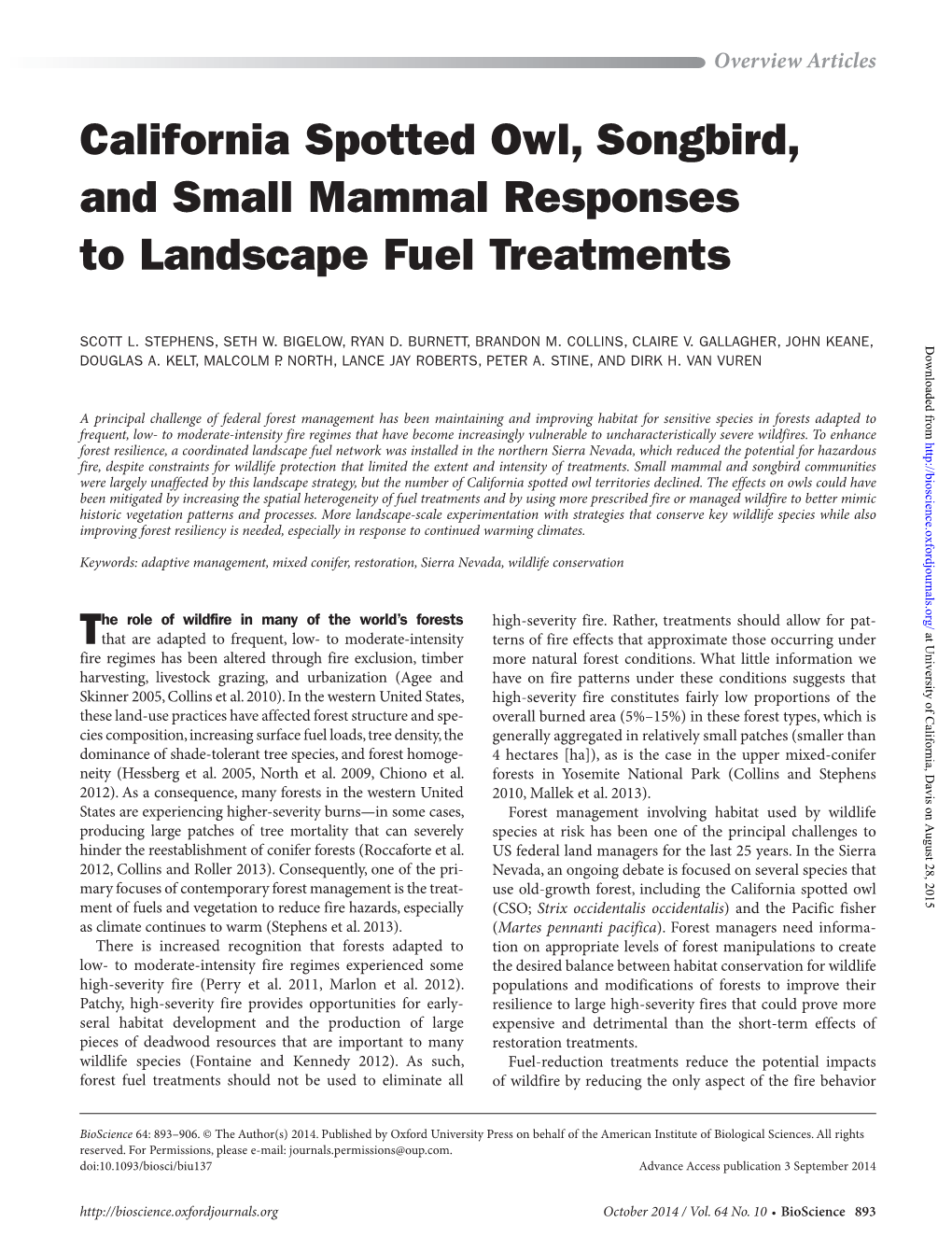 California Spotted Owl, Songbird, and Small Mammal Responses to Landscape Fuel Treatments