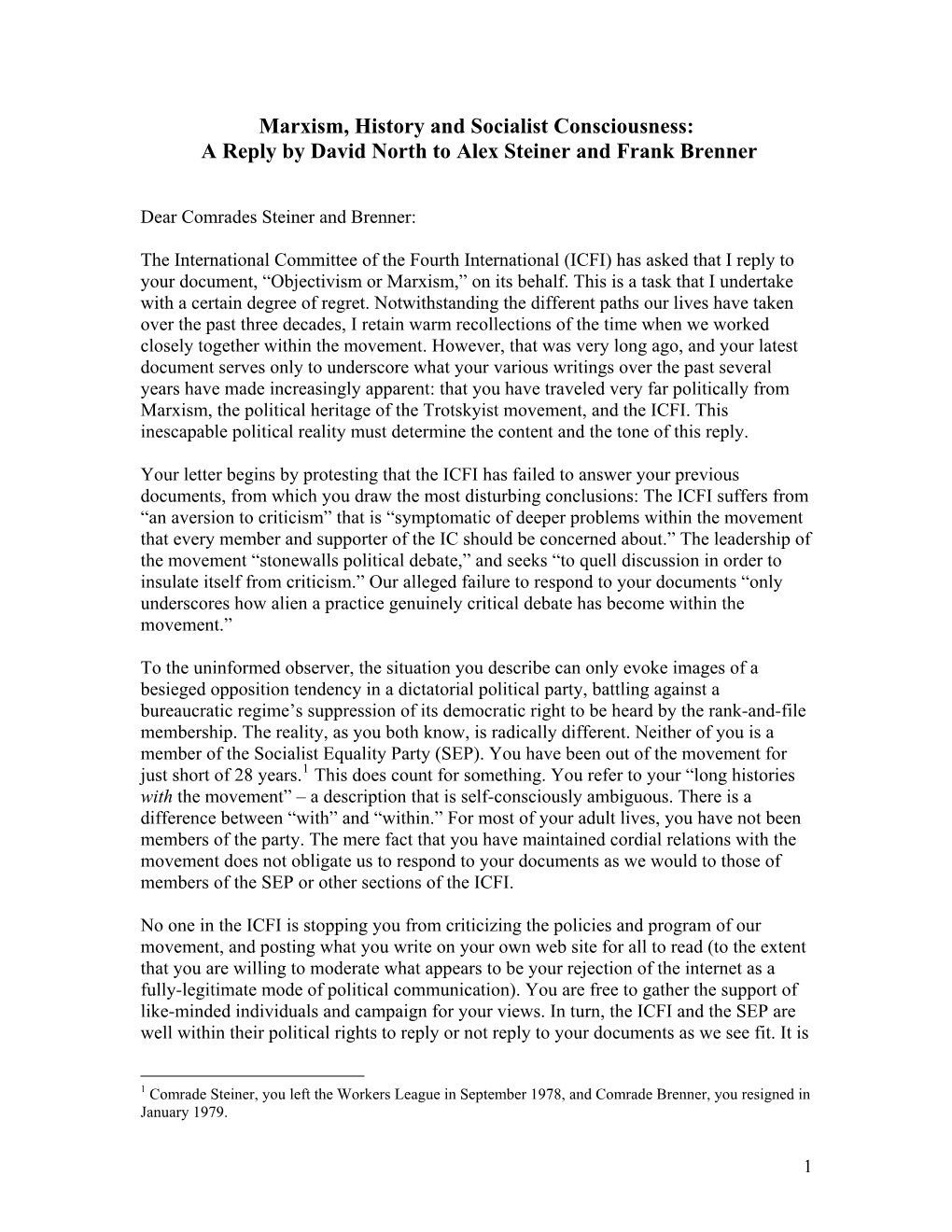 Marxism, History and Socialist Consciousness: a Reply by David North to Alex Steiner and Frank Brenner