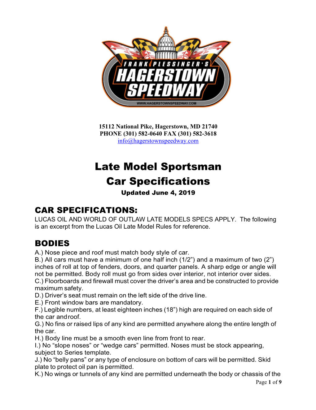 Late Model Sportsman Car Specifications Updated June 4, 2019