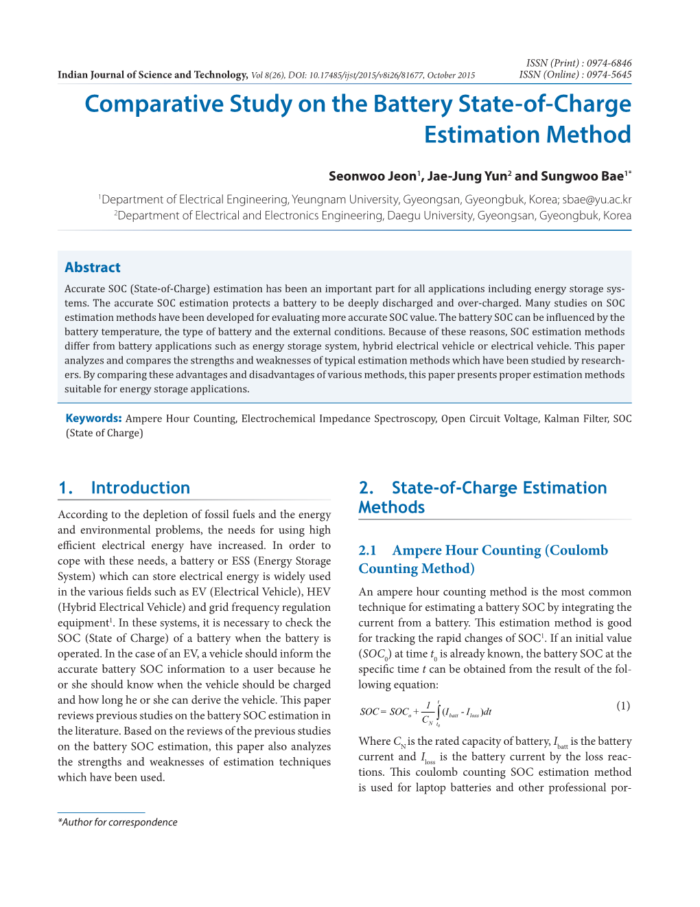 Comparative Study on the Battery State-Of-Charge Estimation Method