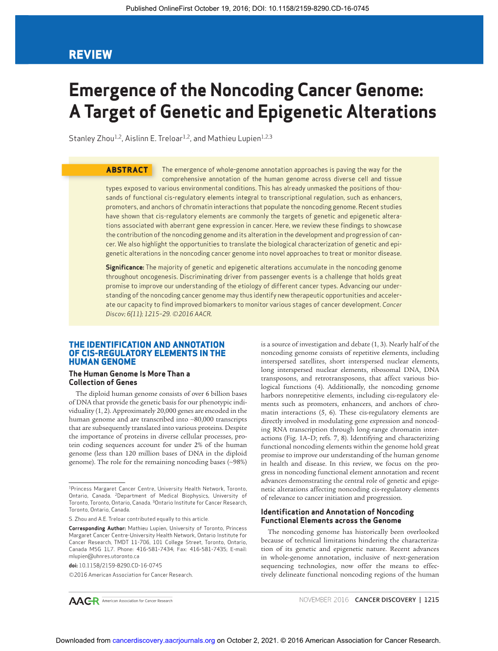 Emergence of the Noncoding Cancer Genome: a Target of Genetic and Epigenetic Alterations