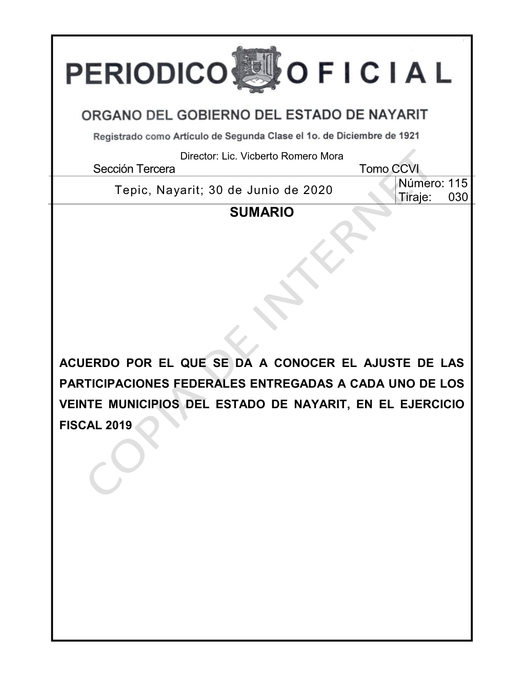 Sección Tercera Tomo CCVI Tepic, Nayarit; 30 De Junio De 2020 Número