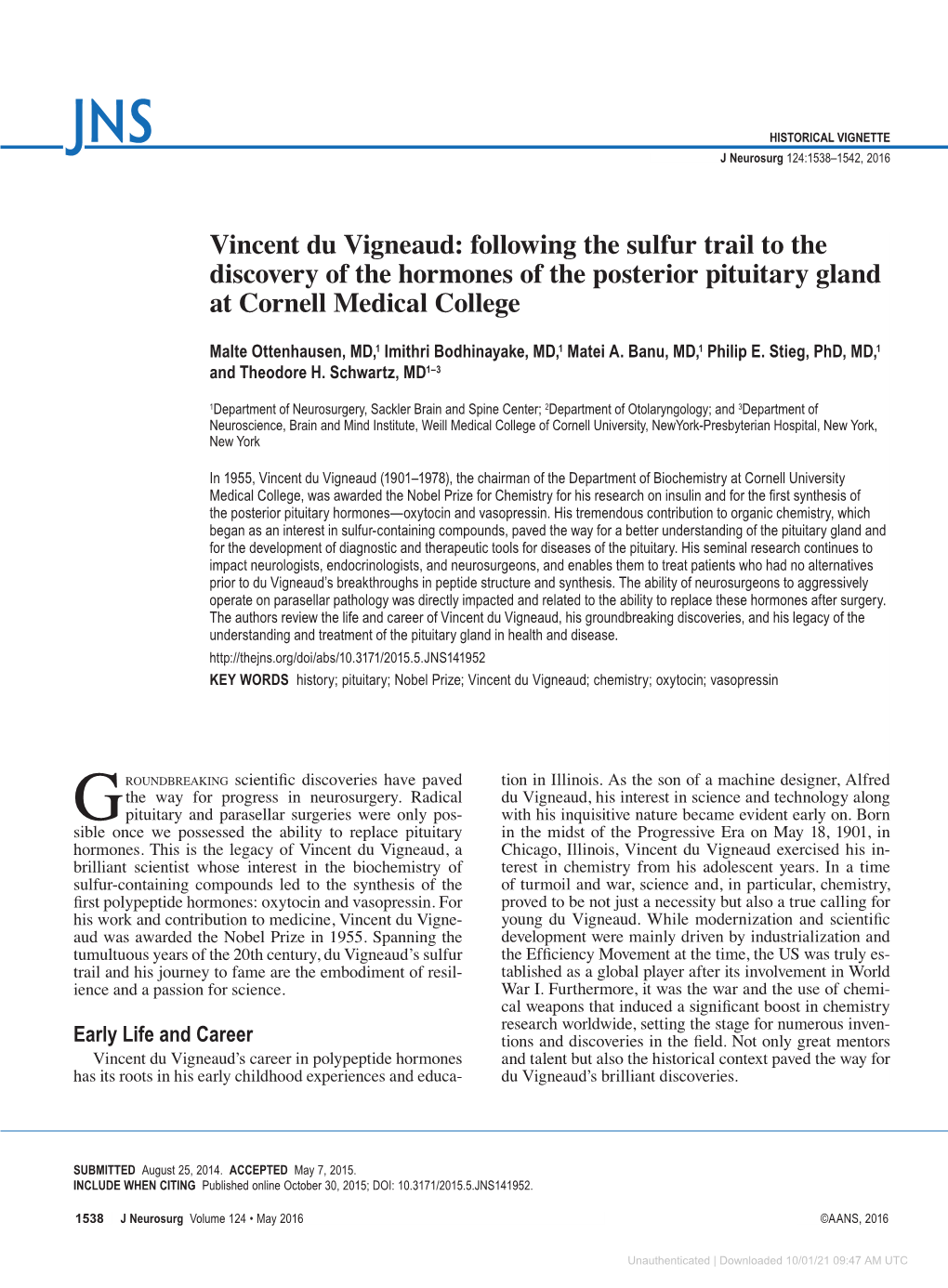 Vincent Du Vigneaud: Following the Sulfur Trail to the Discovery of the Hormones of the Posterior Pituitary Gland at Cornell Medical College