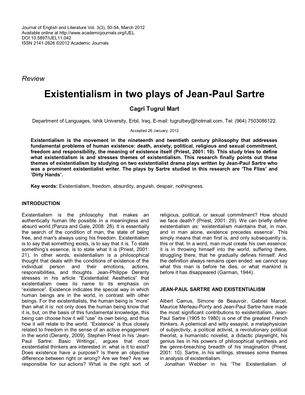 Existentialism in Two Plays of Jean-Paul Sartre