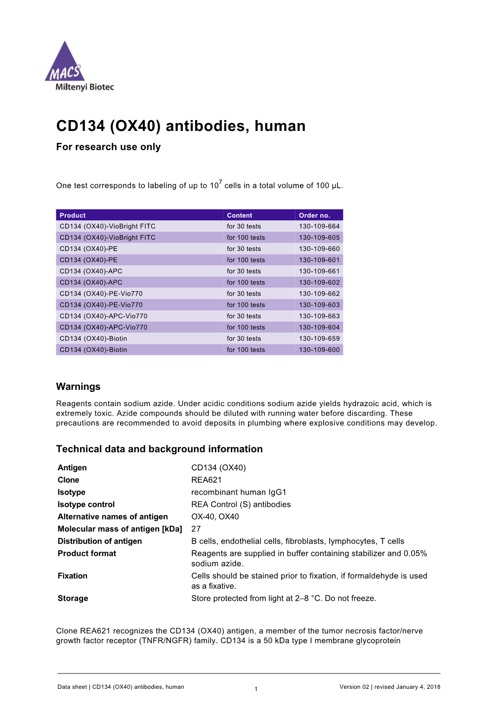 CD134 (OX40) Antibodies, Human for Research Use Only