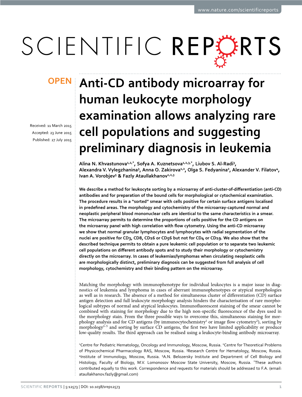 Anti-CD Antibody Microarray for Human Leukocyte Morphology Examination Allows Analyzing Rare Cell Populations and Suggesting Preliminary Diagnosis in Leukemia