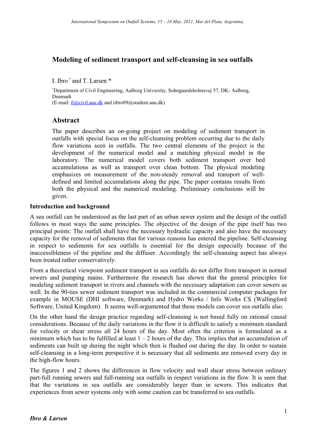 Modeling of Sediment Transport and Self-Cleansing in Sea Outfalls