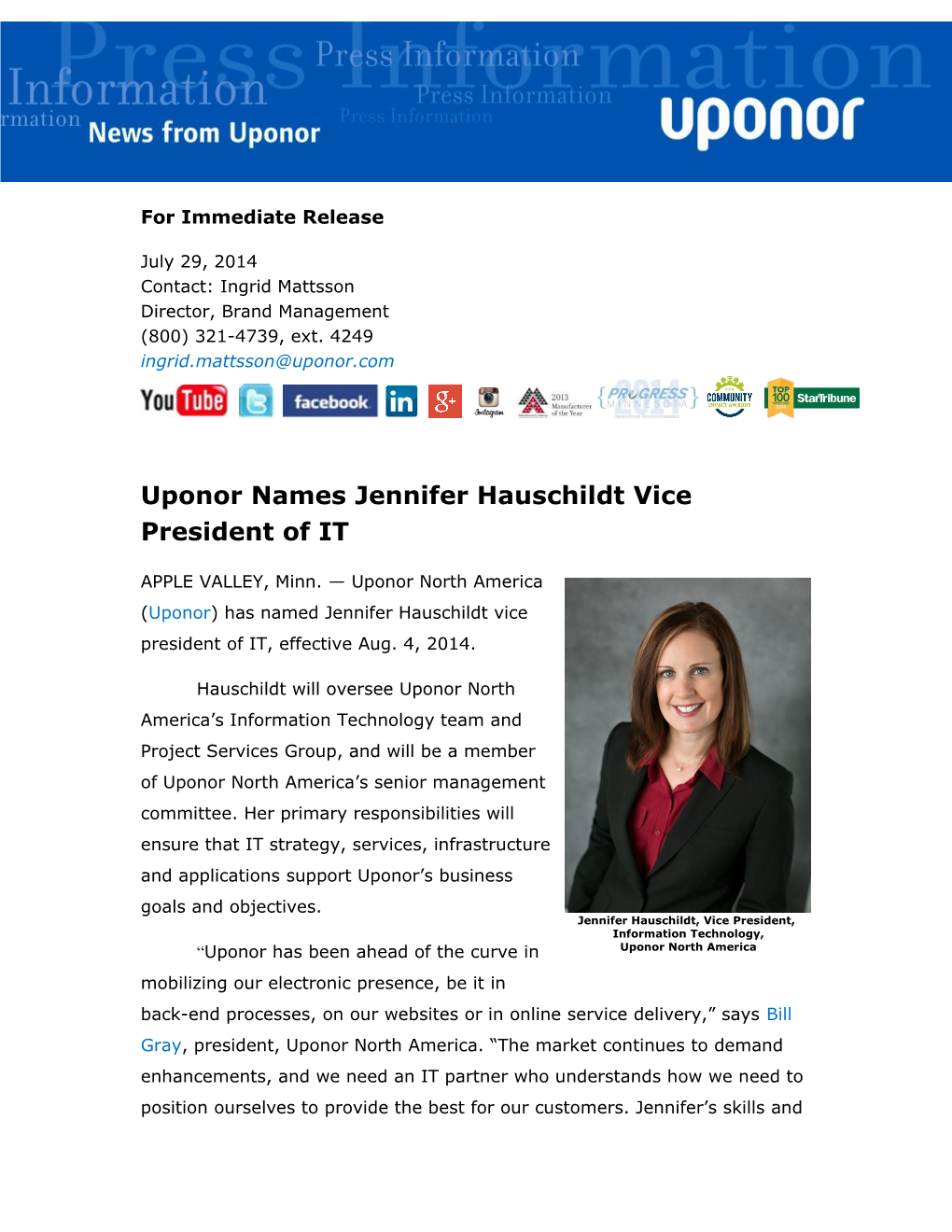 Uponor Names Jennifer Hauschildt Vice President of IT