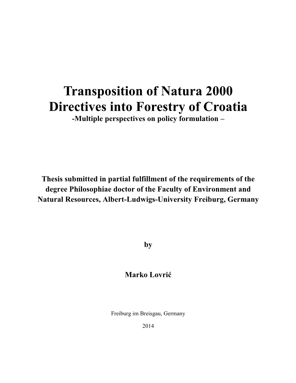 Transposition of Natura 2000 Directives Into Forestry of Croatia