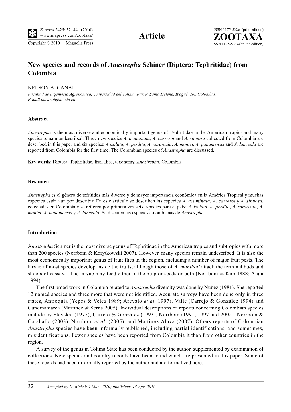 Zootaxa, New Species and Records of Anastrepha Schiner