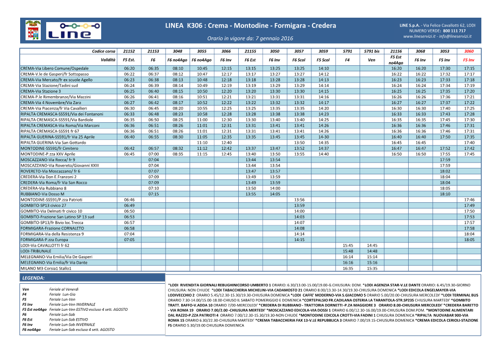 LINEA K306 : Crema - Montodine - Formigara - Credera LINE S.P.A